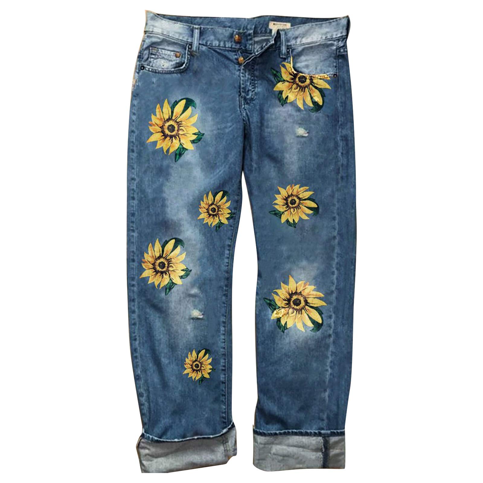 Women's Stretch Washed Loose Printed Jeans - High Waist Wide Leg Pants for Plus Size Ladies | Casual Fashion, Streetwear & Everyday Comfort