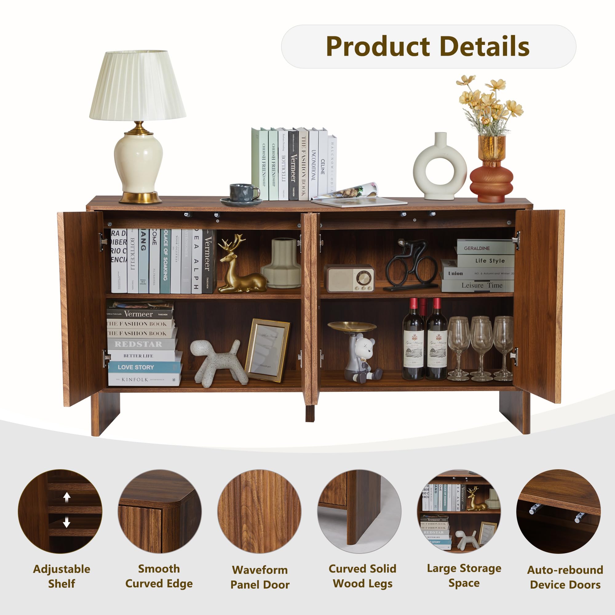 Modern Sideboard Buffet Cabinet with 4 Fluted Doors & Adjustable Shelves - Solid Wood Credenza for Dining Room, Kitchen, Living Room & Entryway Storage (Walnut) | Perfect for Entertaining, Displaying Decor & Organizing Dishes