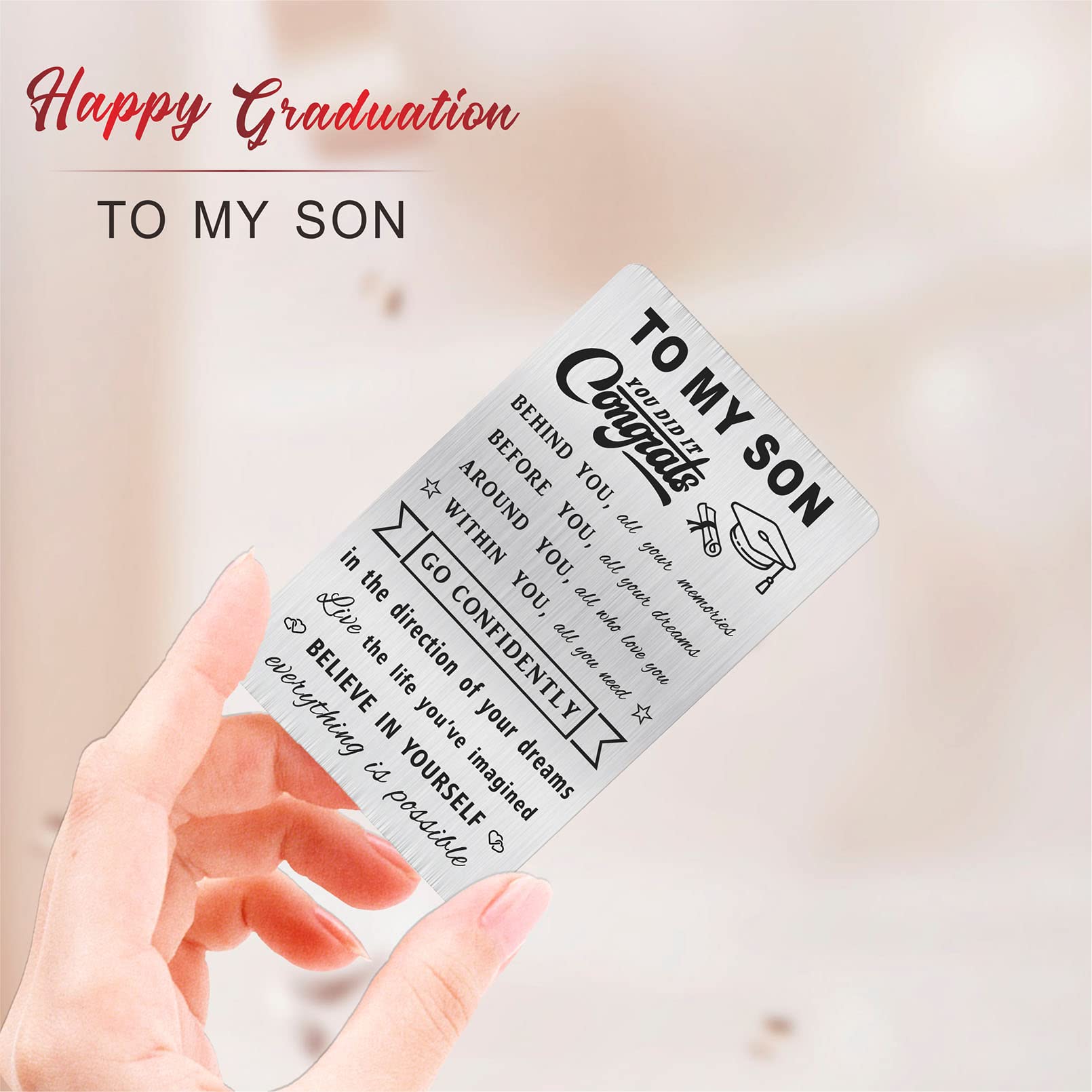 MOQIYXL Personalized Engraved Graduation Wallet Card - Thoughtful Gift for Son's College & School Graduation 2024 - Perfect for Commencement Ceremonies & Keepsake Memories