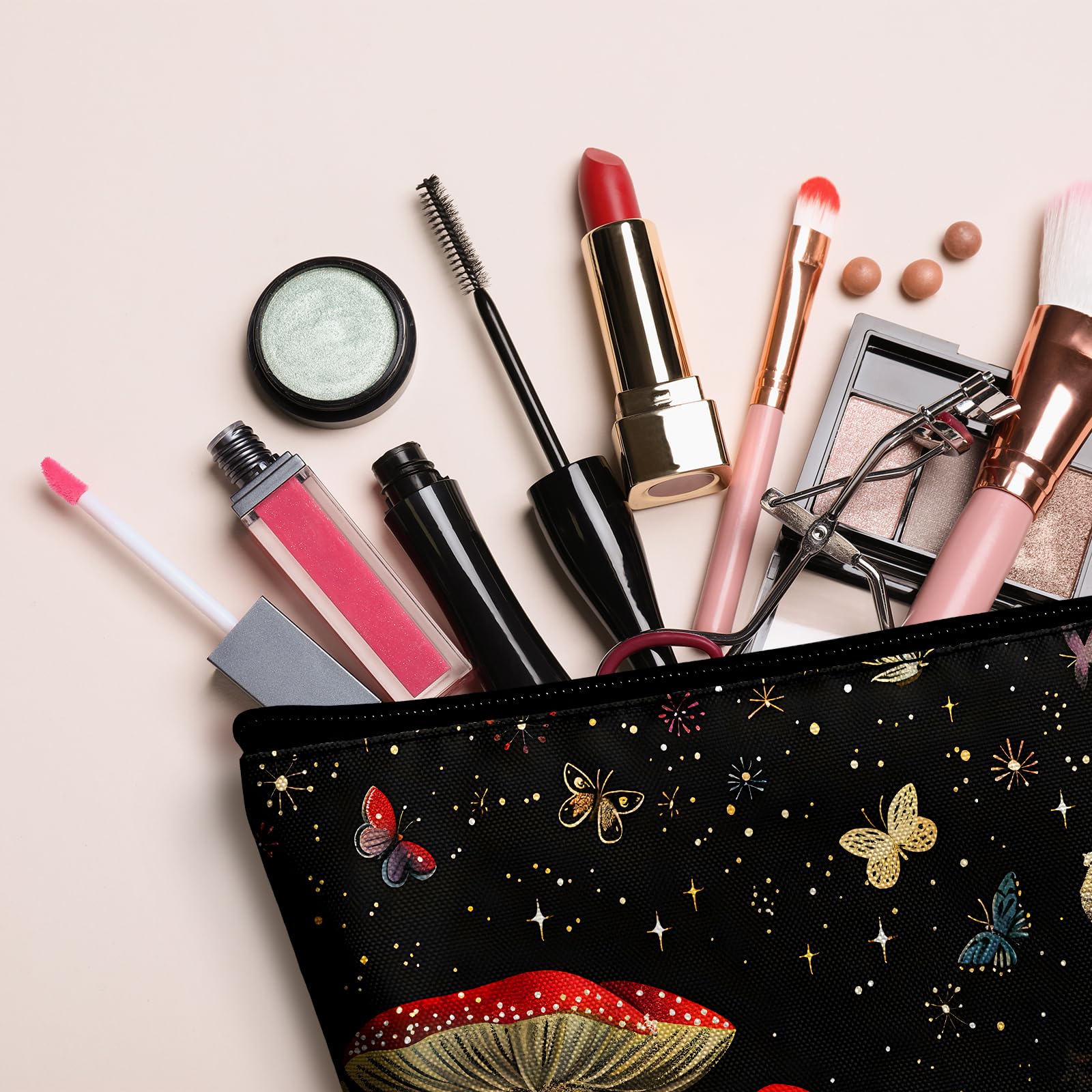 Large Capacity Mushroom Print Makeup Bag & Pencil Case Set for Women - Travel Cosmetic Organizer with Brush Storage | Perfect for Travel, Daily Use & Toiletry Organization