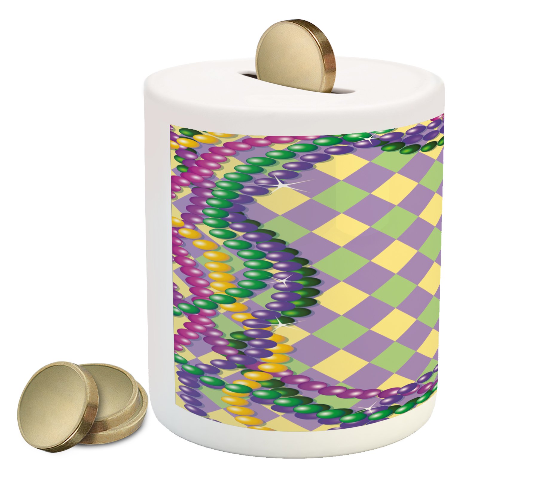 Ambesonne Mardi Gras Piggy Bank - Vibrant Printed Ceramic Coin Bank with Celebration Beads Design for Cash Saving | Diamond Line Pattern Money Box | Perfect for Mardi Gras Parties, Home Decor & Gift Giving