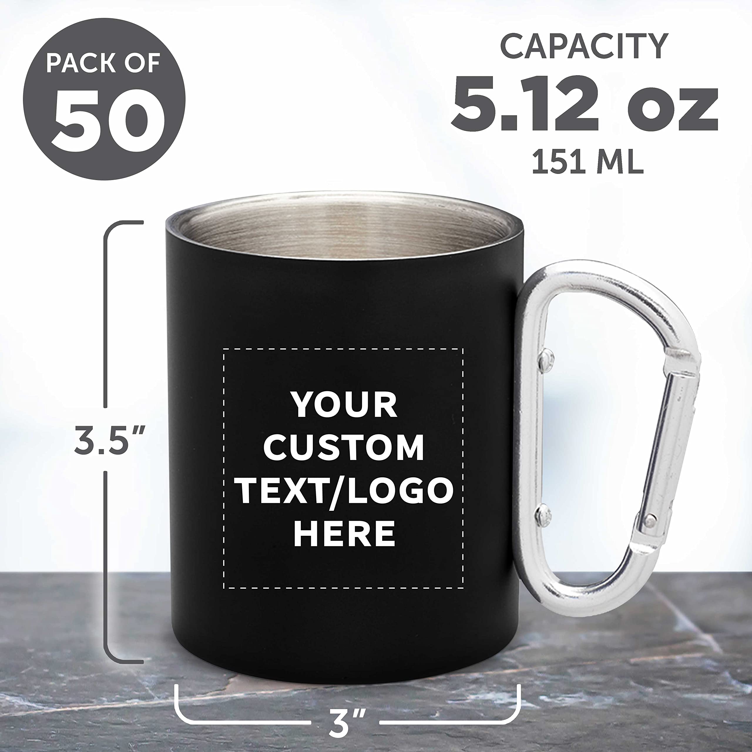 50 Pack 10oz Custom Stainless Steel Mugs with Carabiner Handle - Personalized Bulk Drinkware for Coffee, Tea, Soda & Beverages - Black - Ideal for Camping, Office, Travel & Outdoor Activities