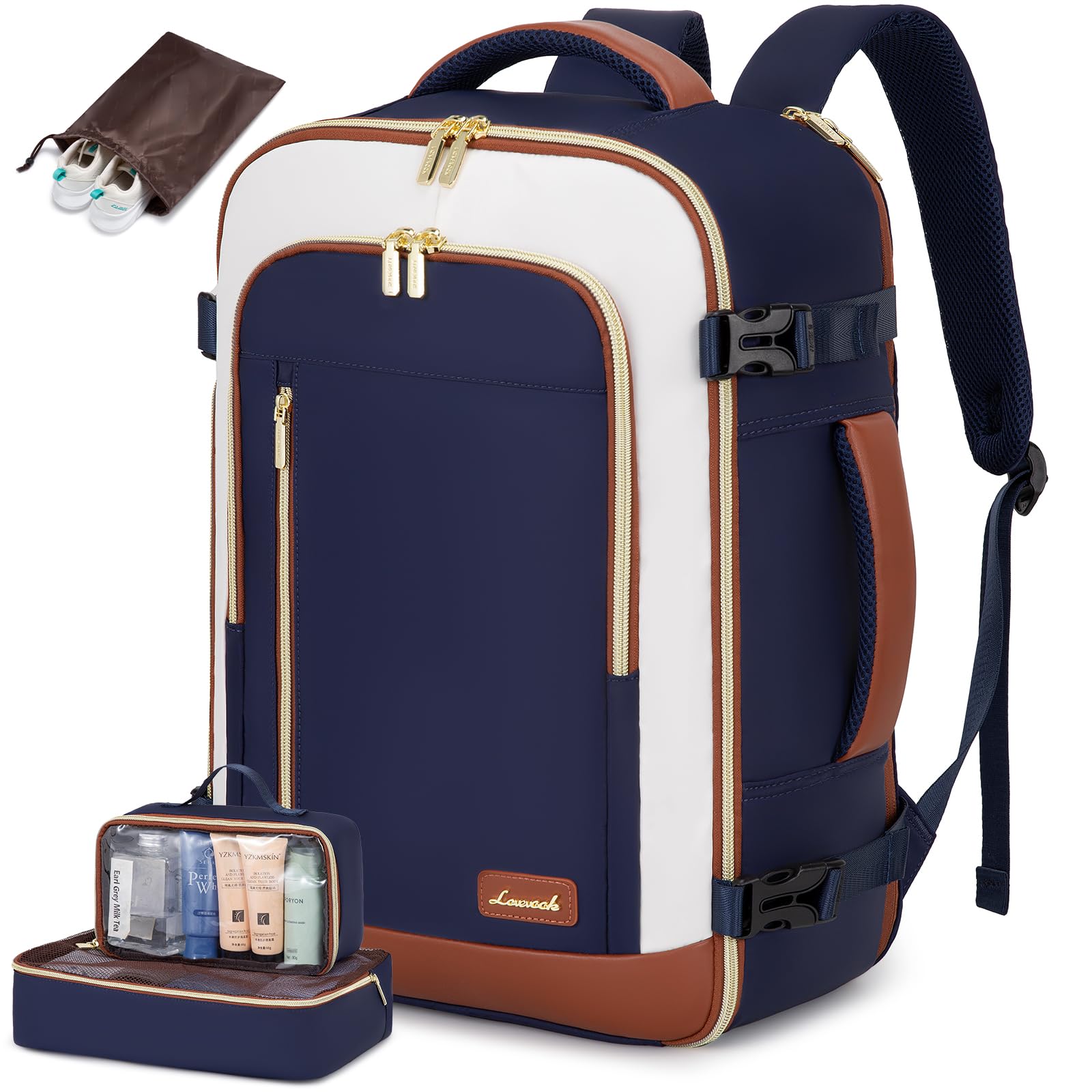 LOVEVOOK 40L Travel Backpack for Women & Men - Waterproof Carry On Backpack with 3 Packing Cubes, Business Weekender Overnight Bag, Fits 17 Inch Laptop (Blue Beige) - Perfect for Air Travel, Business Trips & Weekend Getaways