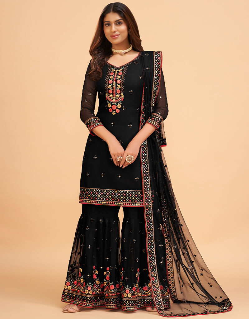 Elegant Black Georgette Sharara Suits for Women - Perfect for Weddings, Parties & Festive Occasions