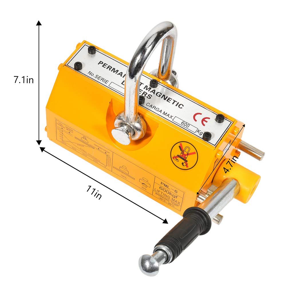 600KG Permanent Steel Magnetic Lifter - Heavy Duty Crane Hoist & Lifting Tool (1320 lbs Capacity) - Yellow Industrial Magnet for Metal Scrap, Steel Plates, Machinery Moving in Warehouses & Construction Sites