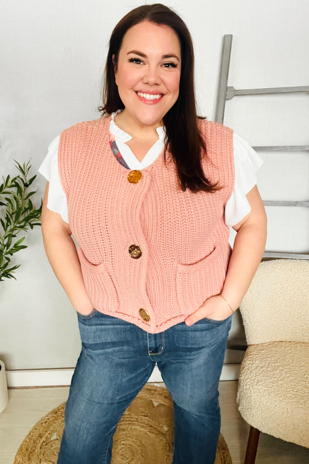 Stylish Gold Button-Down Chunky Sweater Vest for Women - Cozy Winter Layering & Casual Office Outfits