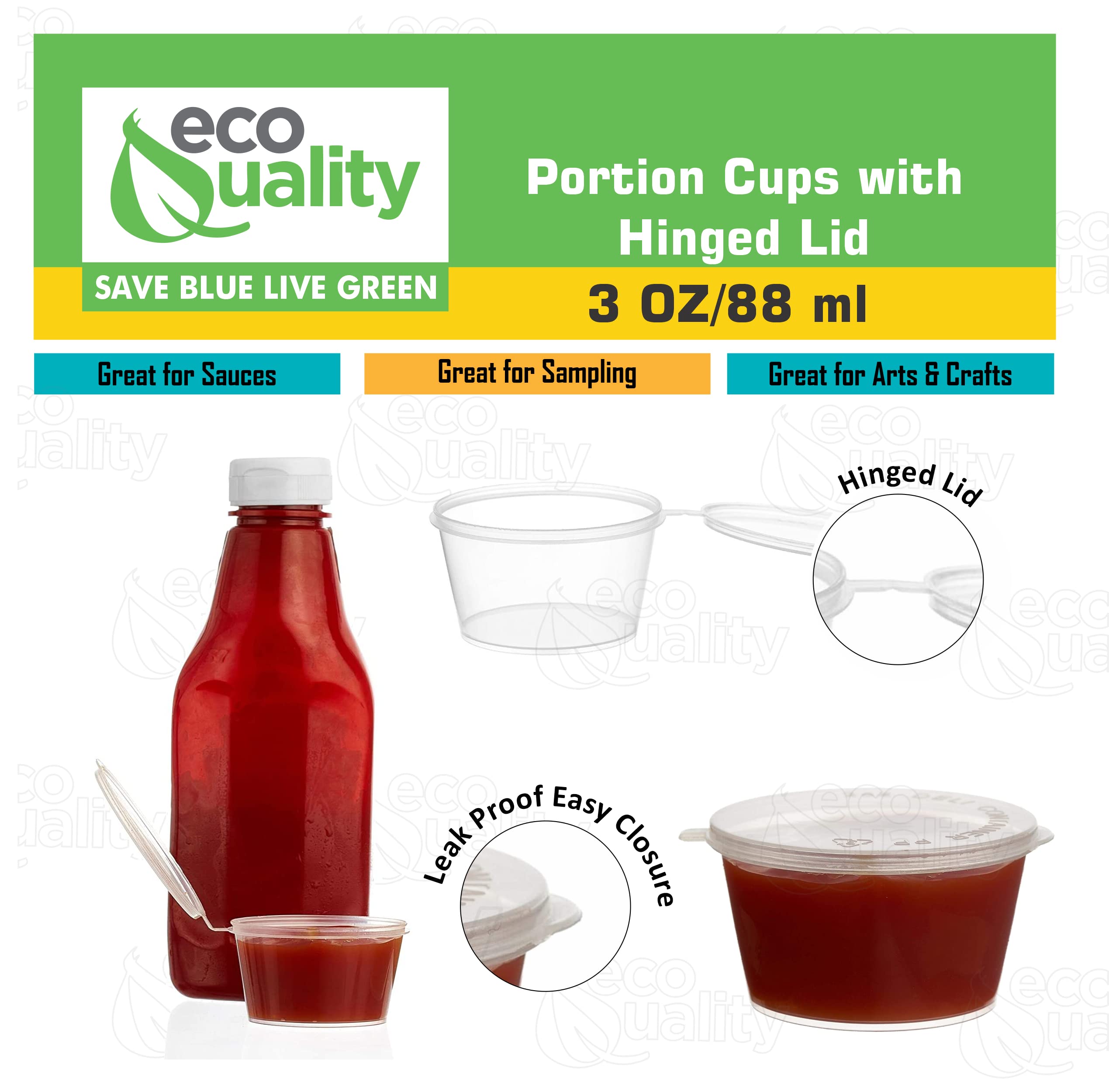 EcoQuality [2000 Pack] 3 Oz Leak Proof Plastic Condiment Cups with Hinged Lids - Perfect for Sauces, Jello Shots, Food Storage, Party Favors & Restaurant Use - Durable Portion Containers for Takeout, Catering & Home Kitchen Organization