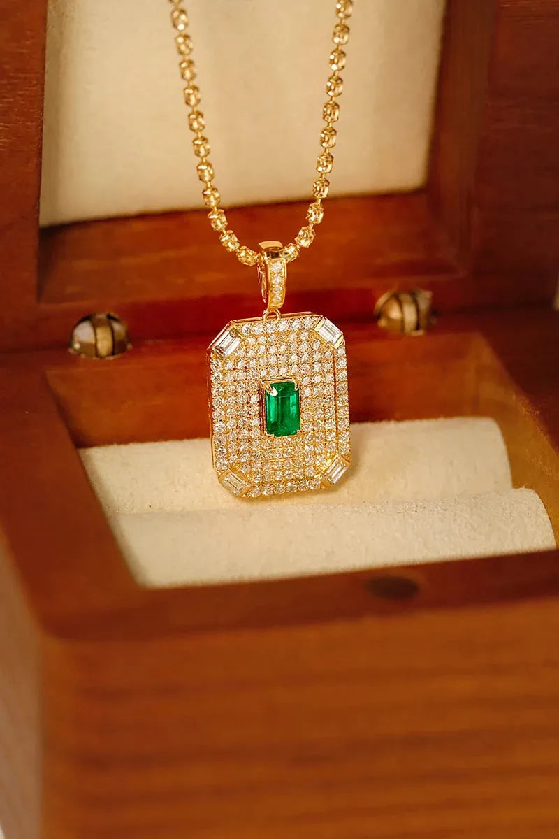 18K Yellow Gold Emerald and Diamond Necklace for Women - Luxury Real Natural Gemstone Jewelry, Perfect for Parties, Weddings & Special Occasions