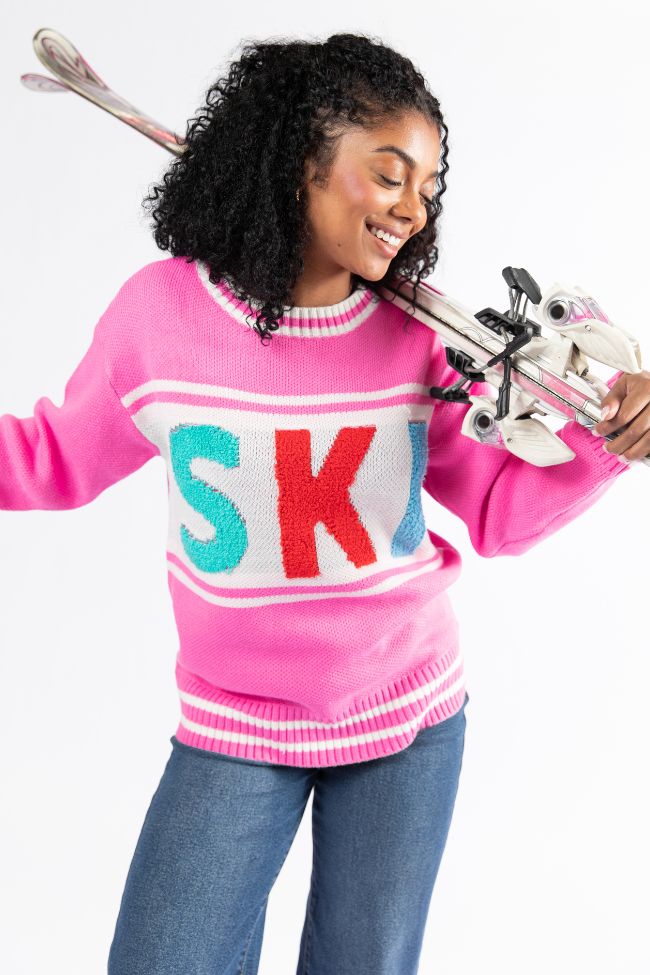 Pink Varsity Ski Sweater for Women - Cozy Winter Pullover - Perfect for Skiing, Snowboarding & Casual Wear