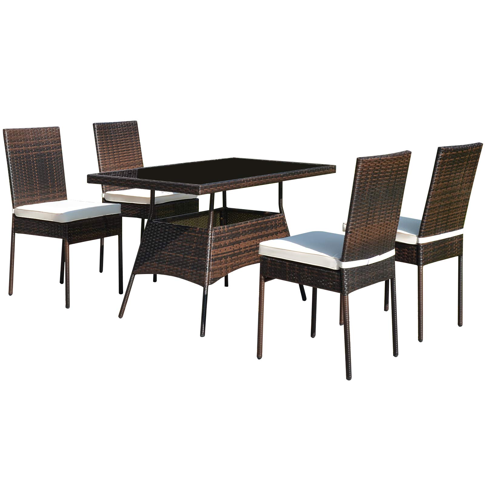 Tangkula 5-Piece Outdoor Wicker Dining Set with Tempered Glass Table & Cushioned Chairs - Patio Furniture for Garden, Poolside, Balcony or Backyard Dining & Entertaining