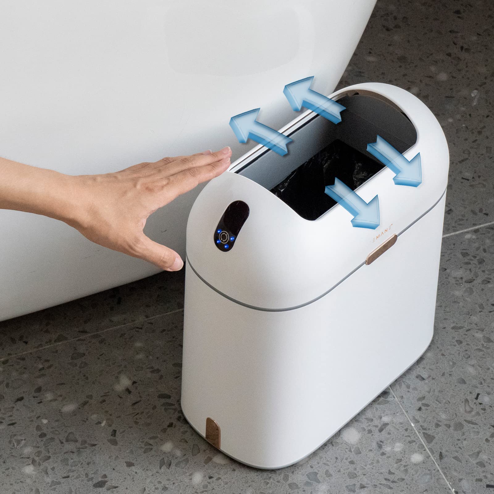EMANE 13 Gallon Motion Sensor Trash Can with Butterfly Lid - Touchless Automatic Garbage Bin, Waterproof & Odor-Proof for Kitchen, Bathroom, Office - White with Golden Button (Ideal for Hands-Free Waste Disposal in High-Traffic Areas)