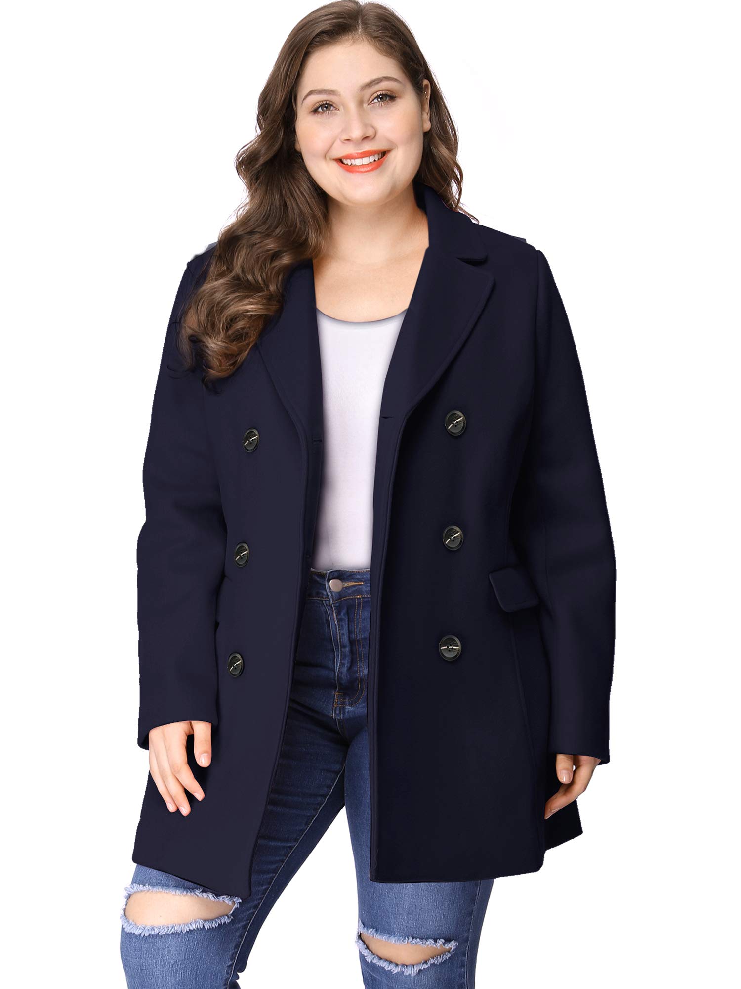 Agnes Orinda Women's Plus Size Notched Lapel Double Breasted Long Trench Coat for Work, Office & Formal Occasions | Winter Warm Wool Blend Overcoat for Business & Evening Events