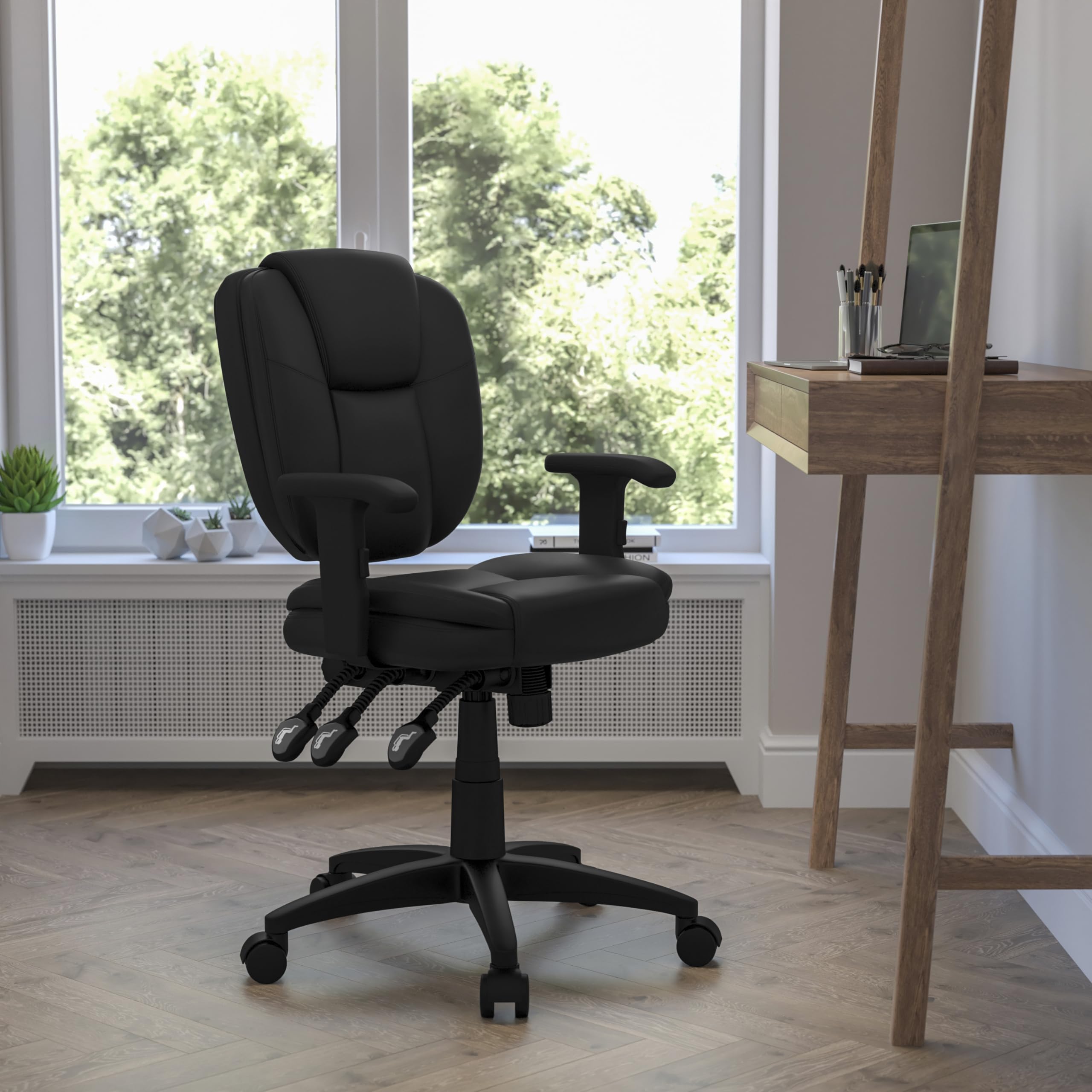Premium Ergonomic Office Chair - Flash Furniture Caroline Mid-Back Black LeatherSoft Swivel Task Chair with Lumbar Support & Adjustable Arms for Home Office, Gaming, and Workspace Comfort