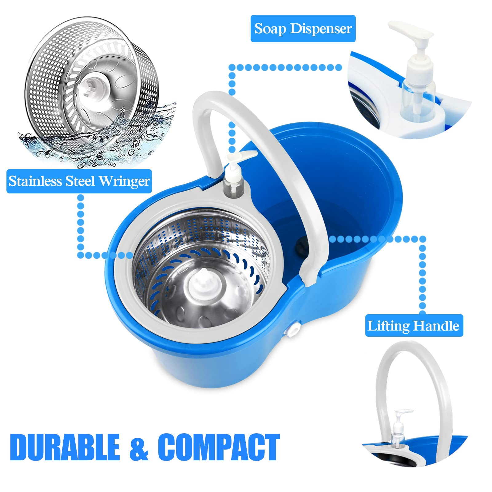 360 Spin Mop and Bucket System with Wringer - 3 Microfiber Mop Refill Heads & 61