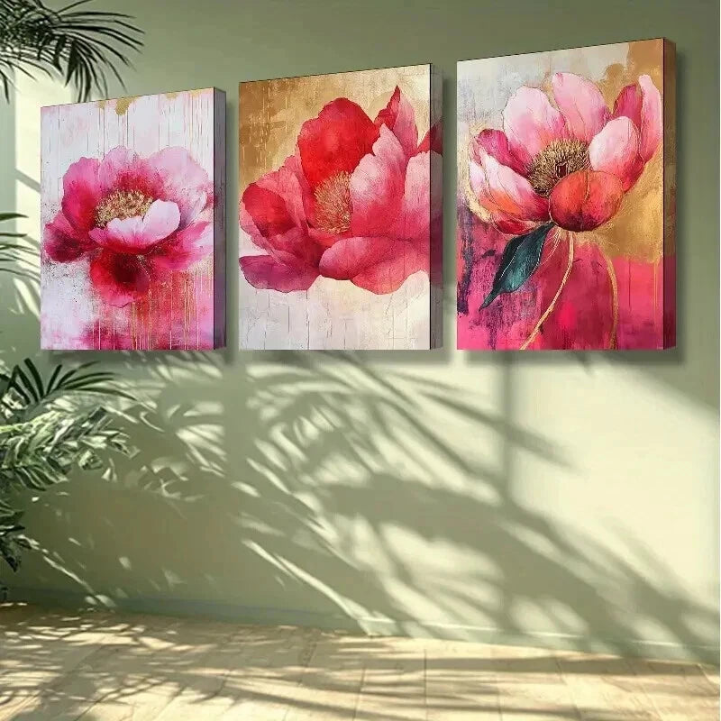 3-Piece Pink Peony Flowers Wall Art Set - Framed Canvas 50x70cm (20x28in) - High Quality Print - Australian Made - Ready to Hang - Perfect for Living Room, Bedroom & Office Decor