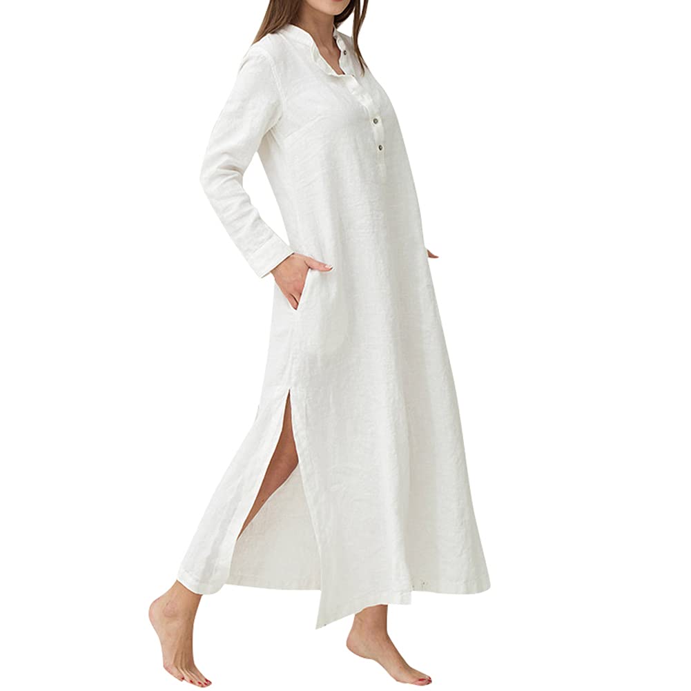 Versear Women's Long Sleeve Button Up Shirt Dress - Cotton Maxi Beach Dress with Side Split & Pocket | Casual Summer Outfit, Vacation Wear, Boho Chic Style