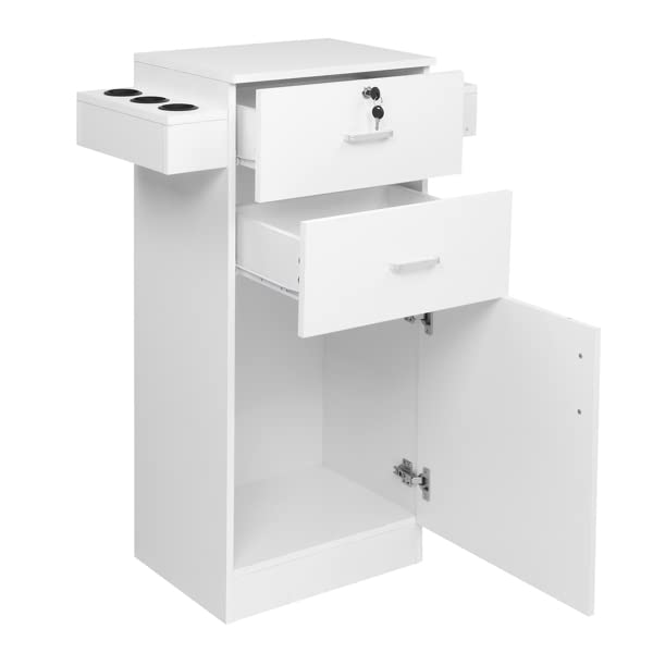 15cm P2 Density Board Pitted Surface Salon Cabinet with 2 Drawers, 1 Door & 6 Hair Dryer Hooks - Lockable White Storage Unit for Salon, Bathroom or Home Organization