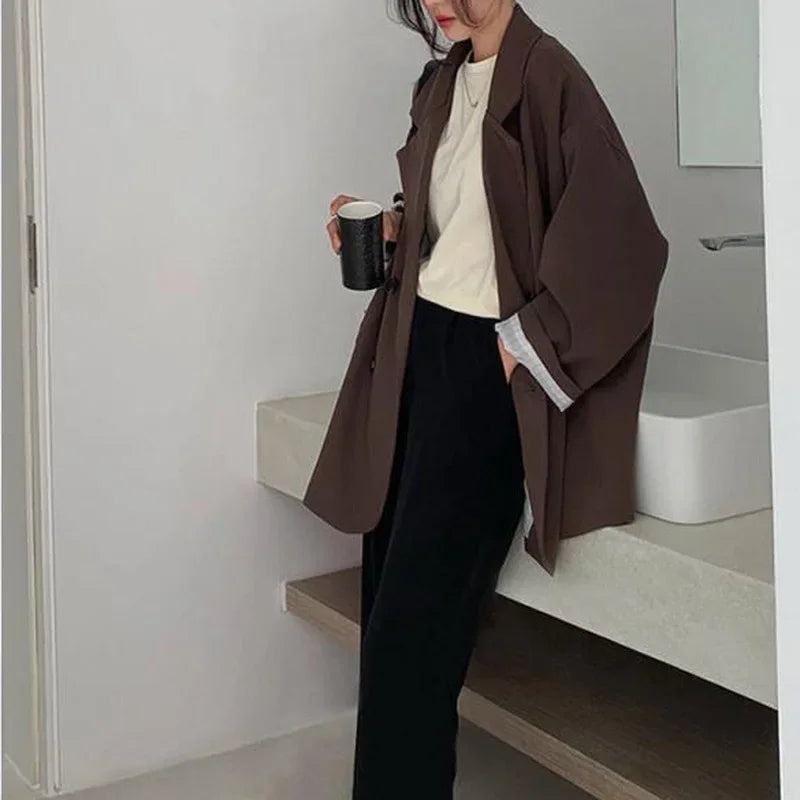 Women's Minimalist Solid Blazer Jacket - Elegant Loose Fit Retro Office Fashion Coat for Spring - High Street Feminine Outerwear for Work, Business Meetings & Casual Outings