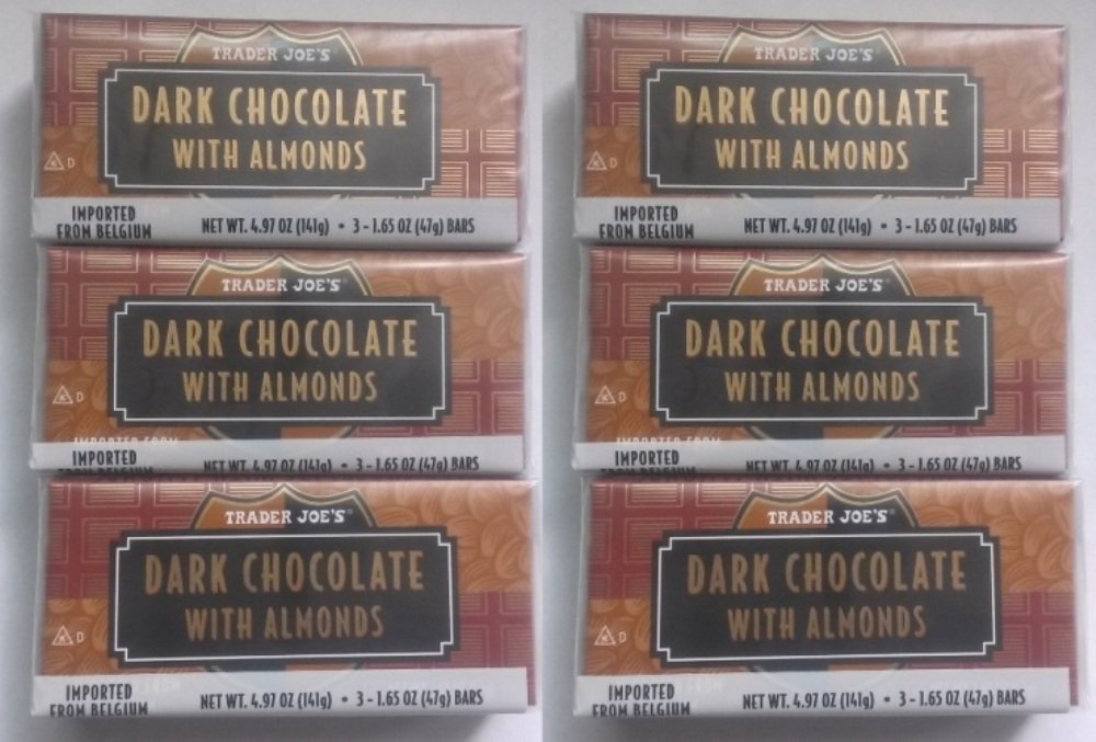 Trader Joe's Dark Chocolate Almond Bars - 6 Pack (18 Bars Total) | No Artificial Flavors, Colors or Preservatives | Healthy Snacks for Office, Gifts & Dessert