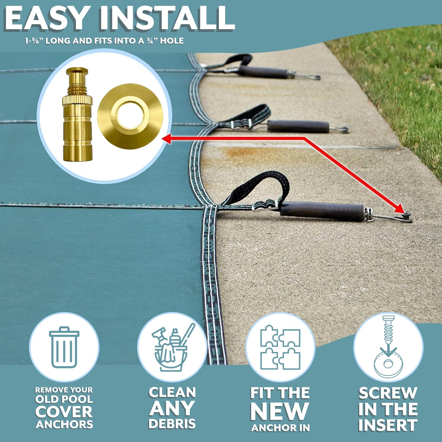 Premium Brass Pool Cover Anchors with Decorative Beauty Collar - 25 Pack for Inground Swimming Pools | Secure Winter Pool Cover Protection