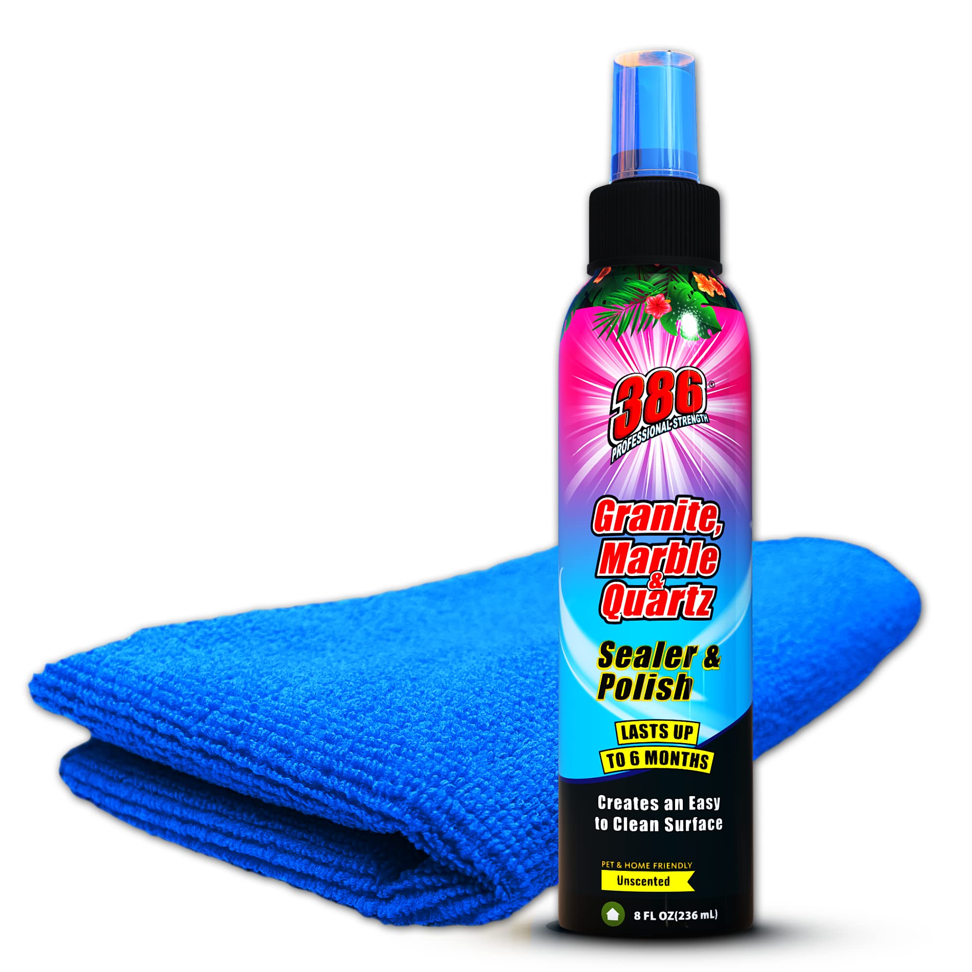386 Professional Granite Sealer & Polish – Multipurpose Stone Sealer for Granite, Quartz, Travertine & Marble – Protects & Enhances Kitchen Countertops, Bathroom Vanities & Flooring – Includes 300 GSM Microfiber Applicator Cloth – Perfect for Home Renovation & Stone Maintenance
