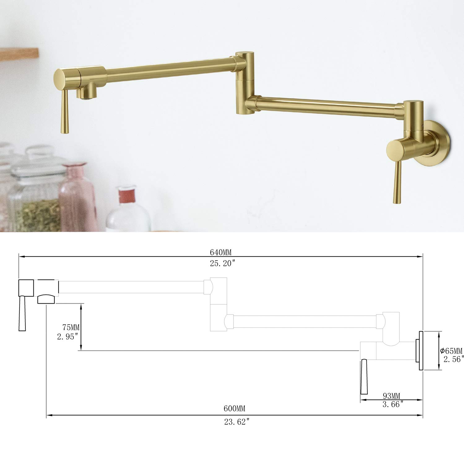 Wall Mounted Brass Pot Filler Kitchen Faucet with Double Joint Swing Arms - Foldable & Stretchable Single Hole Two Handle Design in Gold Brushed Finish | Perfect for Home Kitchen, Restaurant, and Commercial Use