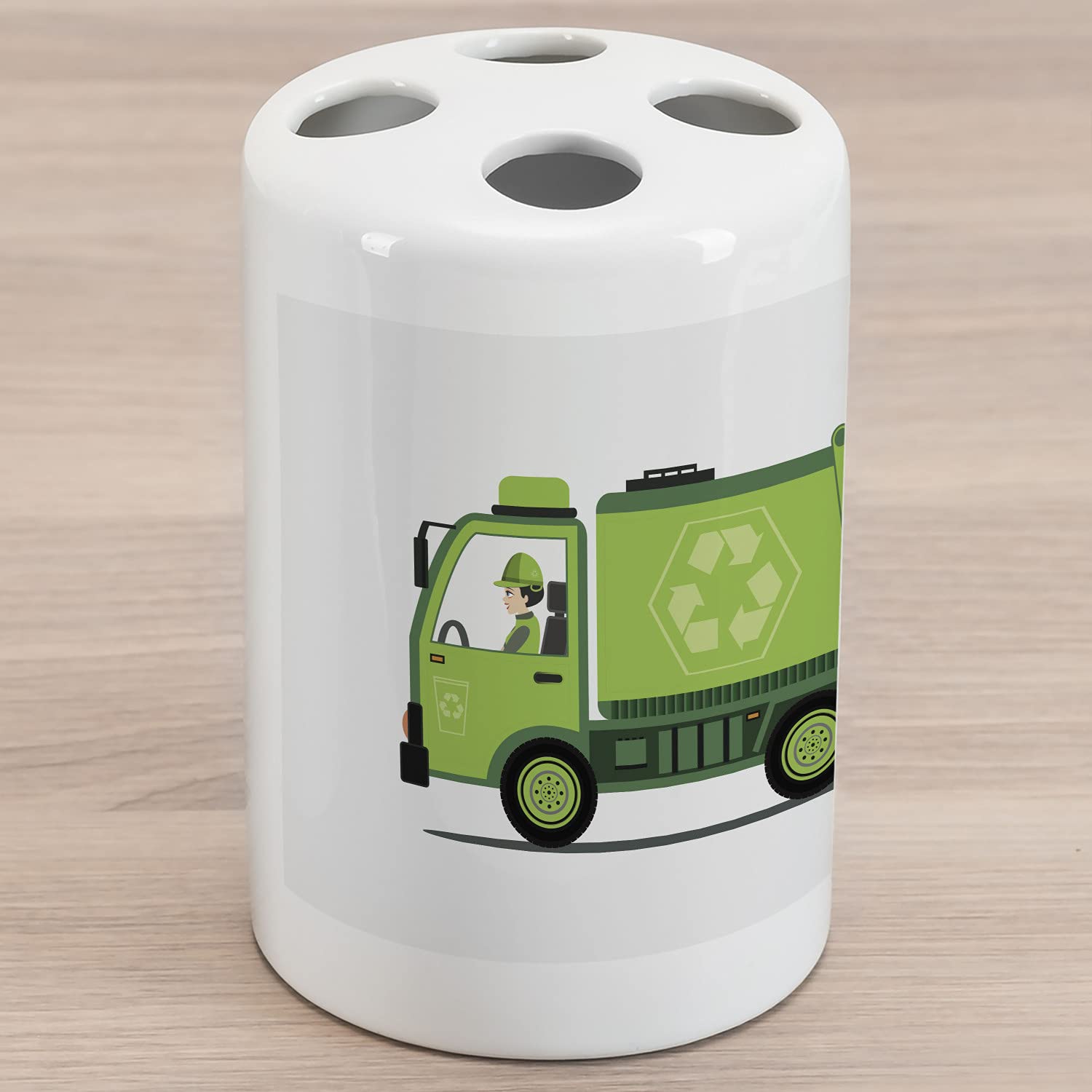 Ambesonne Garbage Truck Ceramic Toothbrush Holder - Eco-Friendly Bathroom Decor, Cartoon Recycling Theme, 4.5 x 2.7 Inch Countertop Organizer in Apple Green & White - Perfect for Kids' Bathrooms, Eco-Conscious Homes & Unique Gift Ideas