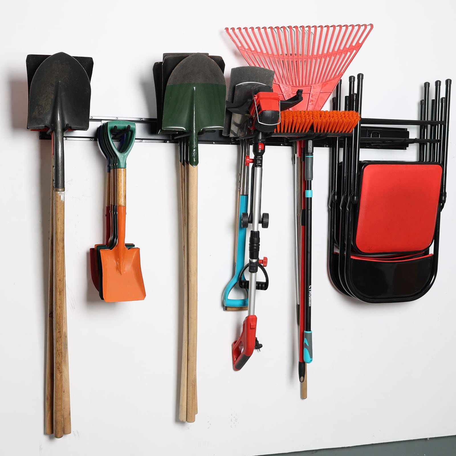 Wallmaster Heavy Duty Garage Storage Wall Mount - 48inch Adjustable Tool Rack Organizer with 6 Hooks for Garden Tools, Folding Chairs (Max Load 450lb) - Perfect for Garage Organization, Workshop Storage & Outdoor Equipment Hanging