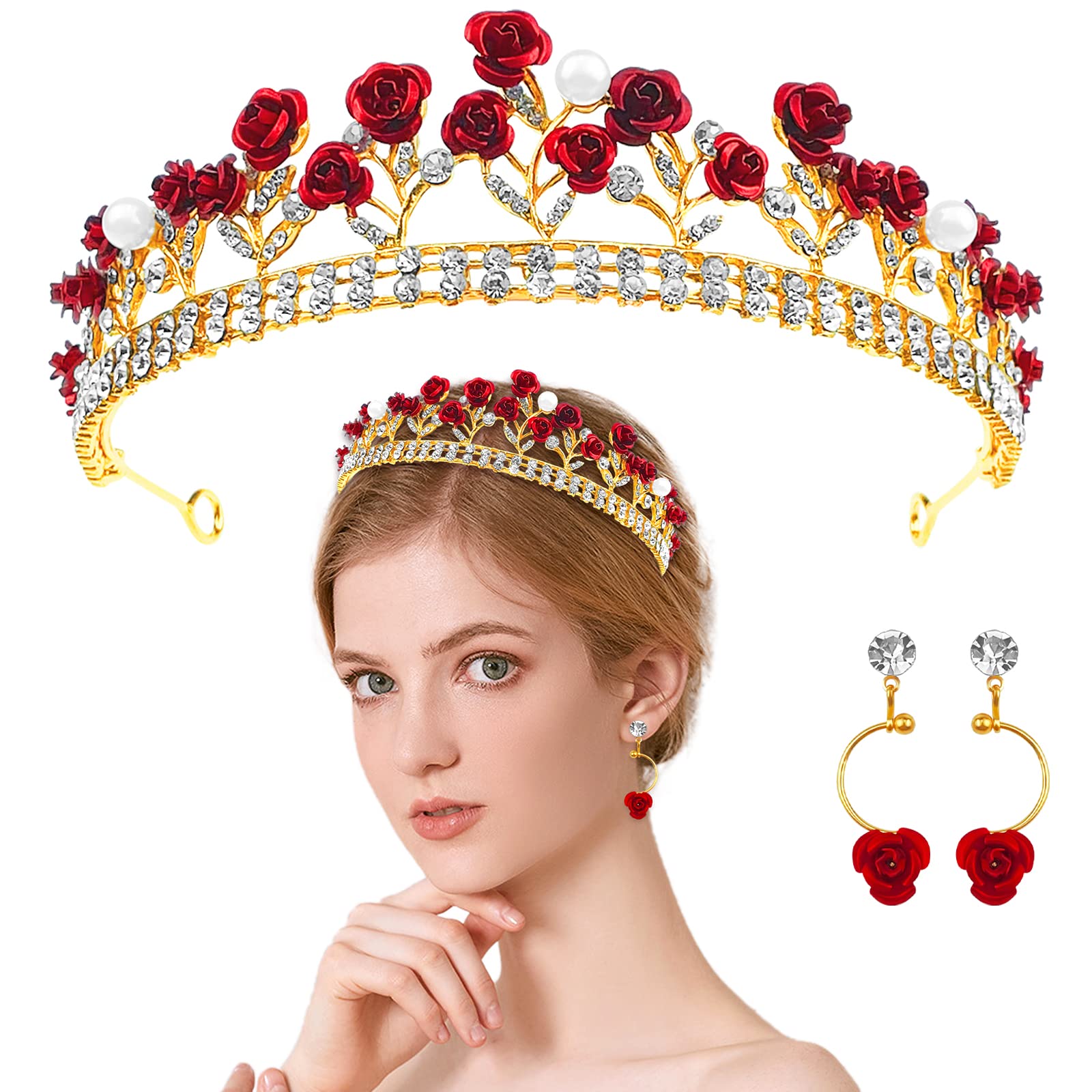 Elegant Red Rose Tiara - Gold Baroque Bridal Crown with Pearls & Crystals | Wedding Queen Headpiece, Floral Jewelry Set with Earrings & Pendant | Perfect for Brides, Prom, Pageants & Renaissance Fairs