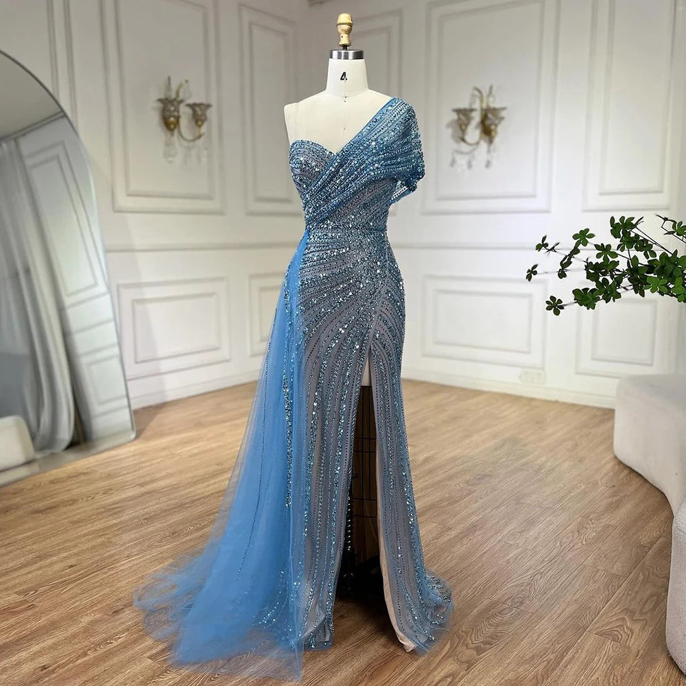 Elegant Green Mermaid One Shoulder Beaded Evening Gown for Women - High Slit Formal Dress for Wedding, Prom, Party & Special Occasions | LA72364