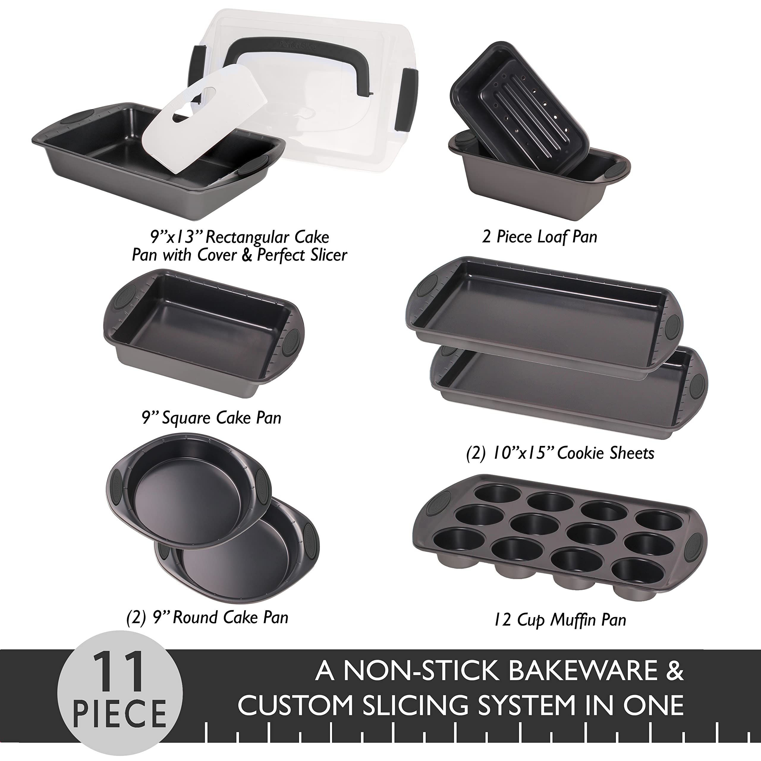 BergHOFF 11-Piece Non-Toxic Bakeware Set - Rectangle Cake Pan, Cookie Sheets, Muffin Pan, Loaf Pan & Round/Square Pans | PFOA-Free Grey Baking Essentials for Cakes, Cookies & Breads | Perfect for Home Baking, Parties & Holiday Treats