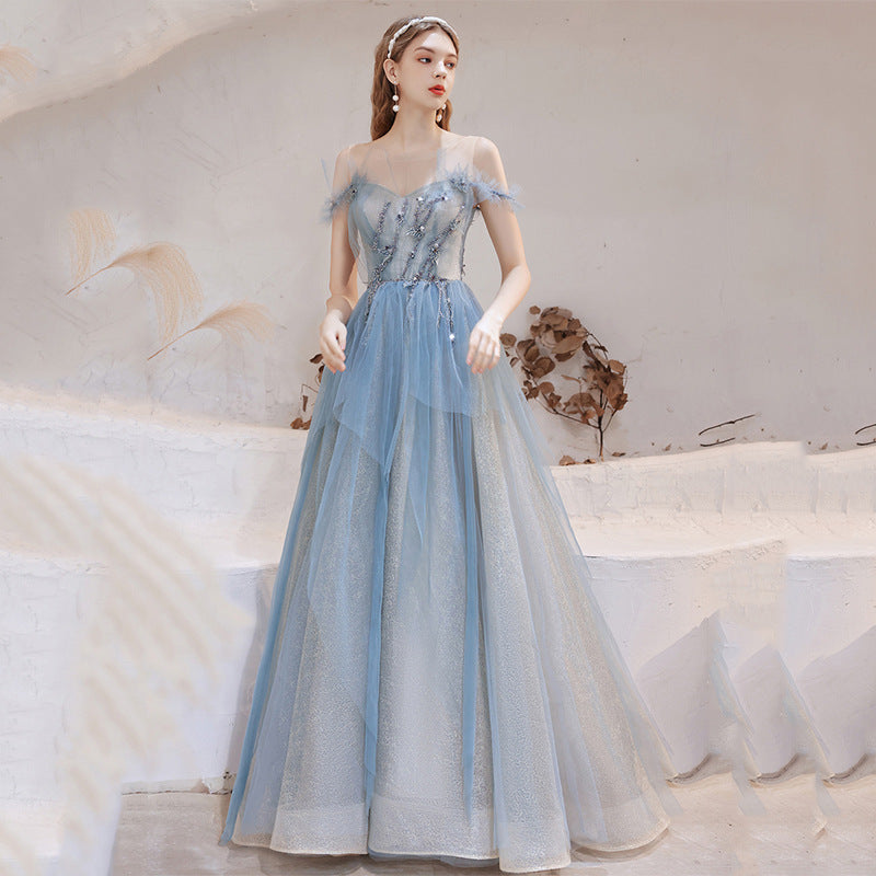 Light Blue Off Shoulder Tulle Prom Dress - A-Line Formal Party Gown for Homecoming, Wedding & Evening Events