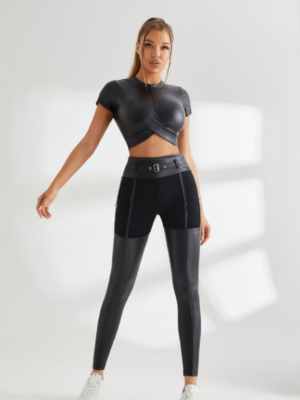 ZASUWA Women's High Waist PU Glossy Leggings with Metal Buttons - Tummy Control & Hip Lift for Yoga, Workout & Daily Wear