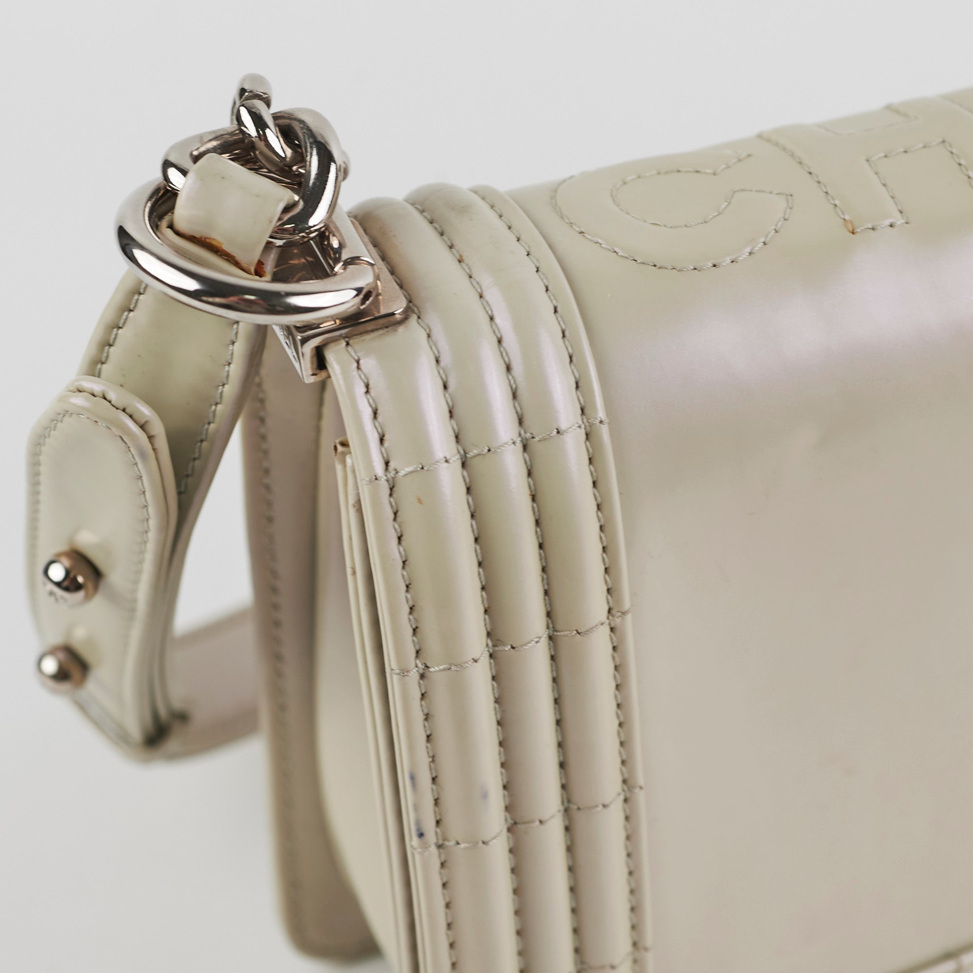 Chanel Boy Old Medium Iridescent Light Grey Leather Shoulder Bag - Luxury Designer Handbag for Women, Perfect for Evening Parties & Special Occasions