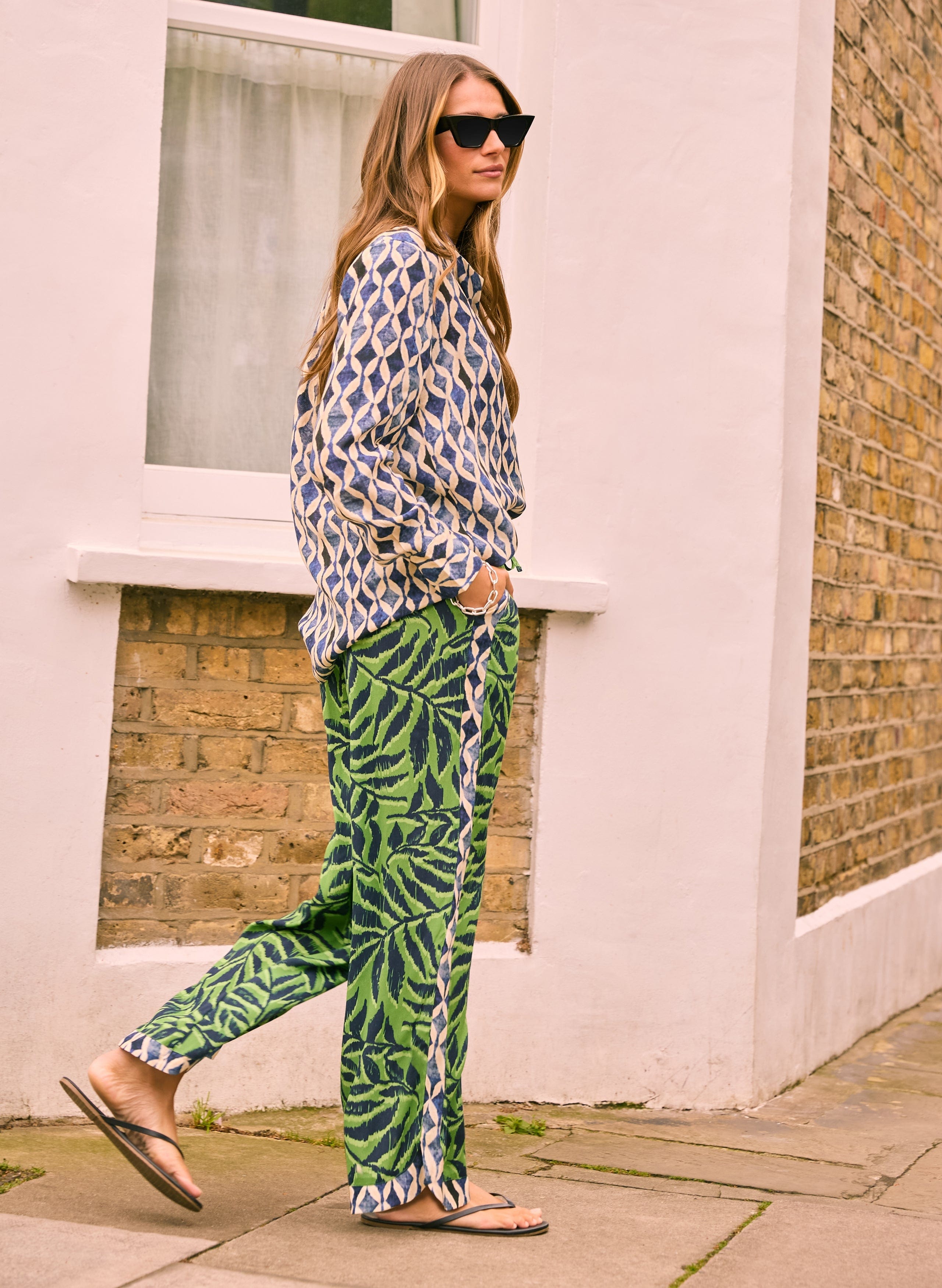 Elin LENZING™ ECOVERO™ Sustainable Women's Trousers | Green Foliage Print | Eco-Friendly Stretch Pants for Work, Travel & Casual Wear
