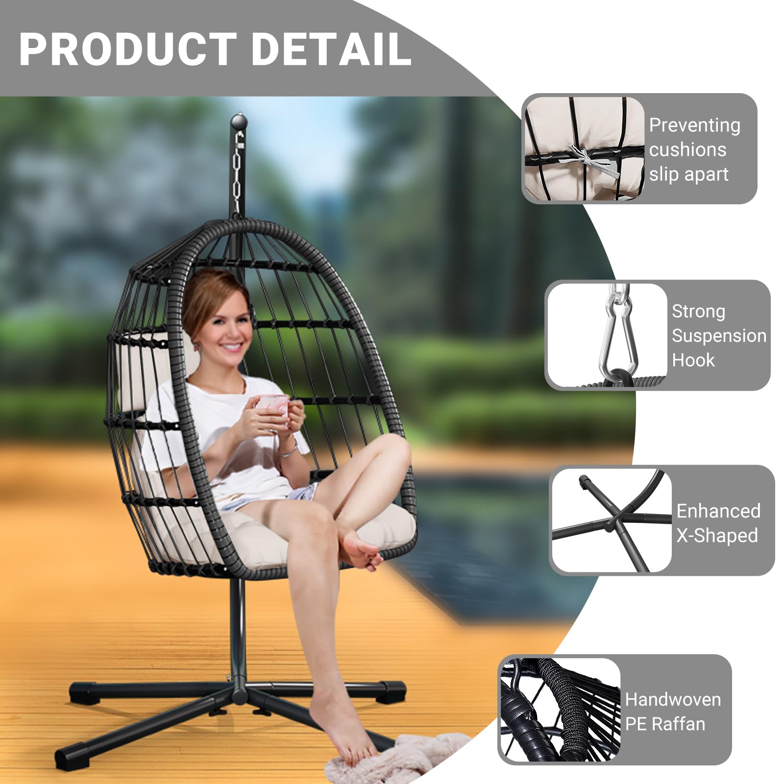 Egg Chair with Stand - Patio Rattan Wicker Hanging Swing Chair for Bedroom, Porch & Garden - Thickened Aluminum Alloy Steel Frame & UV-Resistant Cushion - 350LBS Capacity - Perfect for Relaxing Outdoors or Indoor Lounging