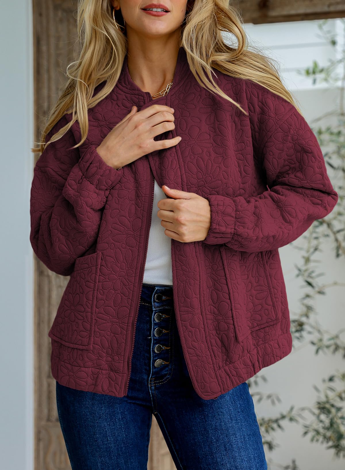 EVALESS Women's Lightweight Bomber Jacket - 2025 Spring Fashion Jacquard Coat, Zip-Up Casual Outerwear for Dressing Up or Daily Wear | Perfect for Office, Dating & Weekend Outings