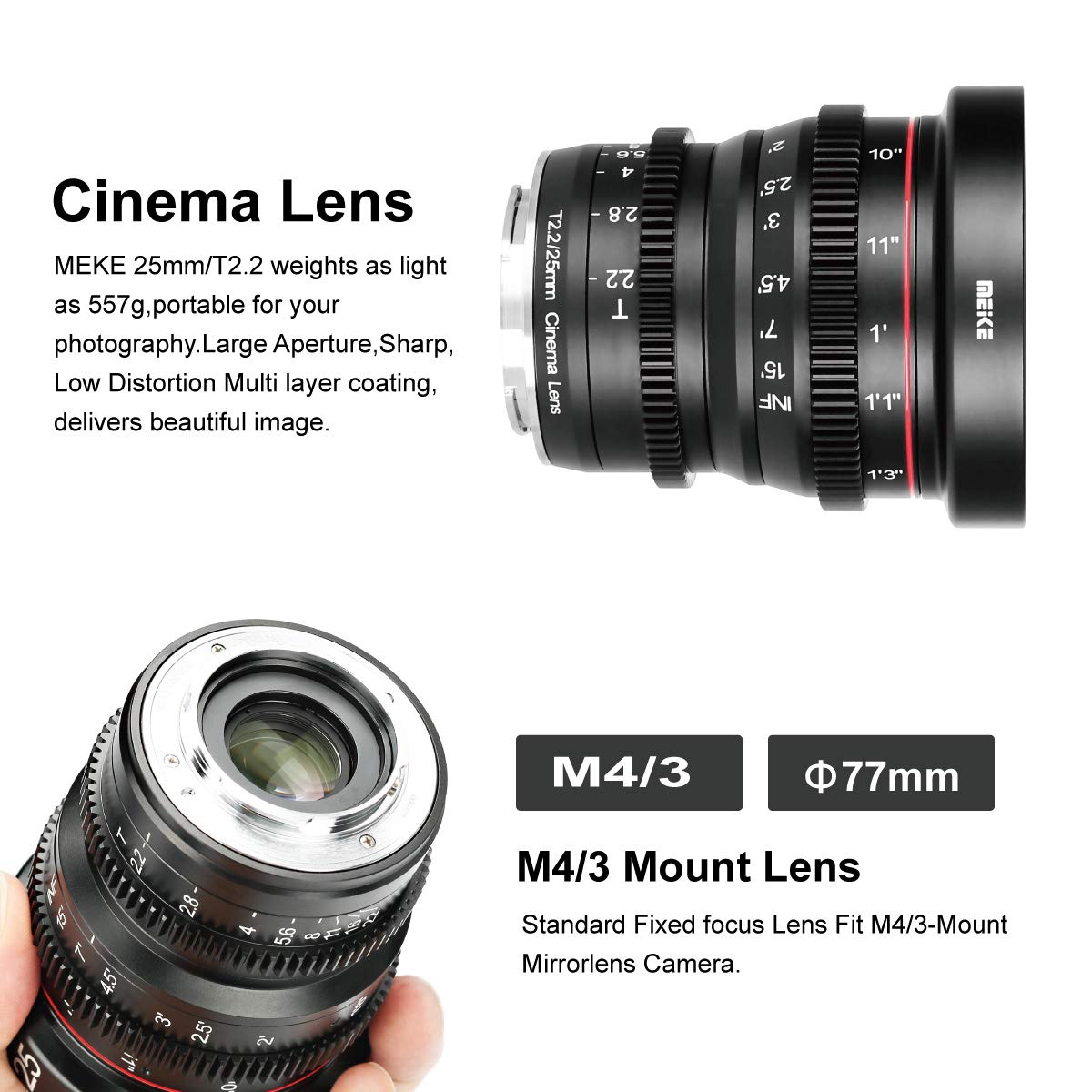 Meike 25mm T2.2 Manual Focus Prime Mini Cinema Lens for Micro Four Thirds MFT M43 Mount Cameras - Perfect for Filmmaking, Vlogging & Low Light Photography