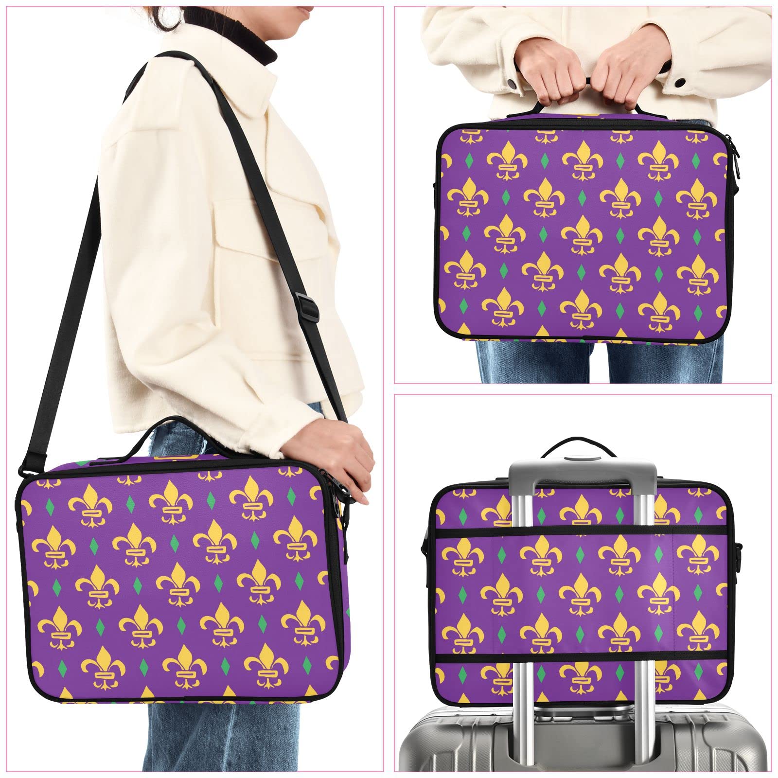 Premium Scottish Highland Cow Makeup Cosmetic Organizer Bag with Adjustable Dividers - Large Toiletry Case for Travel & Storage (Mardi Gras Purple Pattern) - Perfect for Travel, Home Organization & Gift Giving