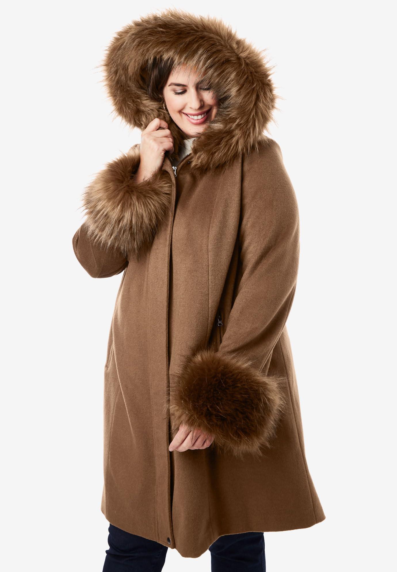 Jessica London Women's Plus Size Hooded Faux Fur Trim Coat - Warm Winter Outerwear for Casual & Dressy Occasions