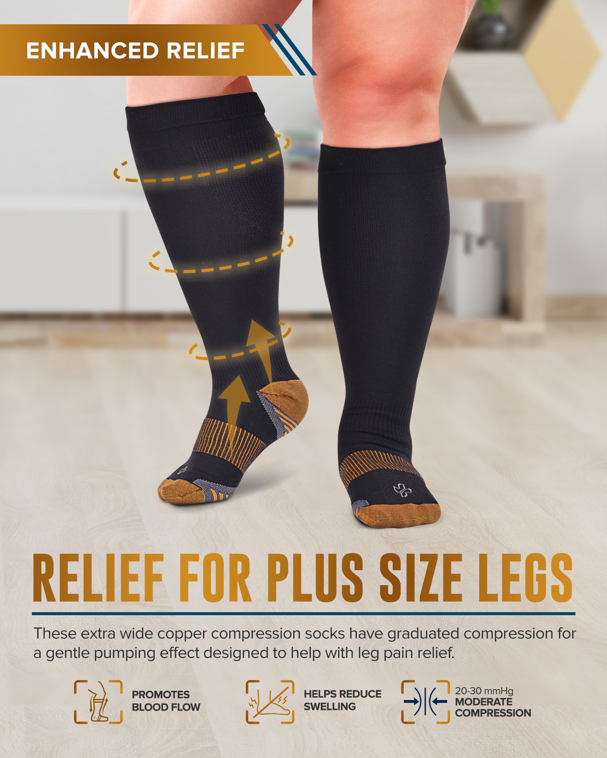 Doctor's Select Copper Plus Size Compression Socks 20-30mmHg - 2 Pairs for Women & Men with Wide Calf | Varicose Veins, Swelling Relief & Circulation Support | Perfect for Travel, Running, Nursing & Recovery