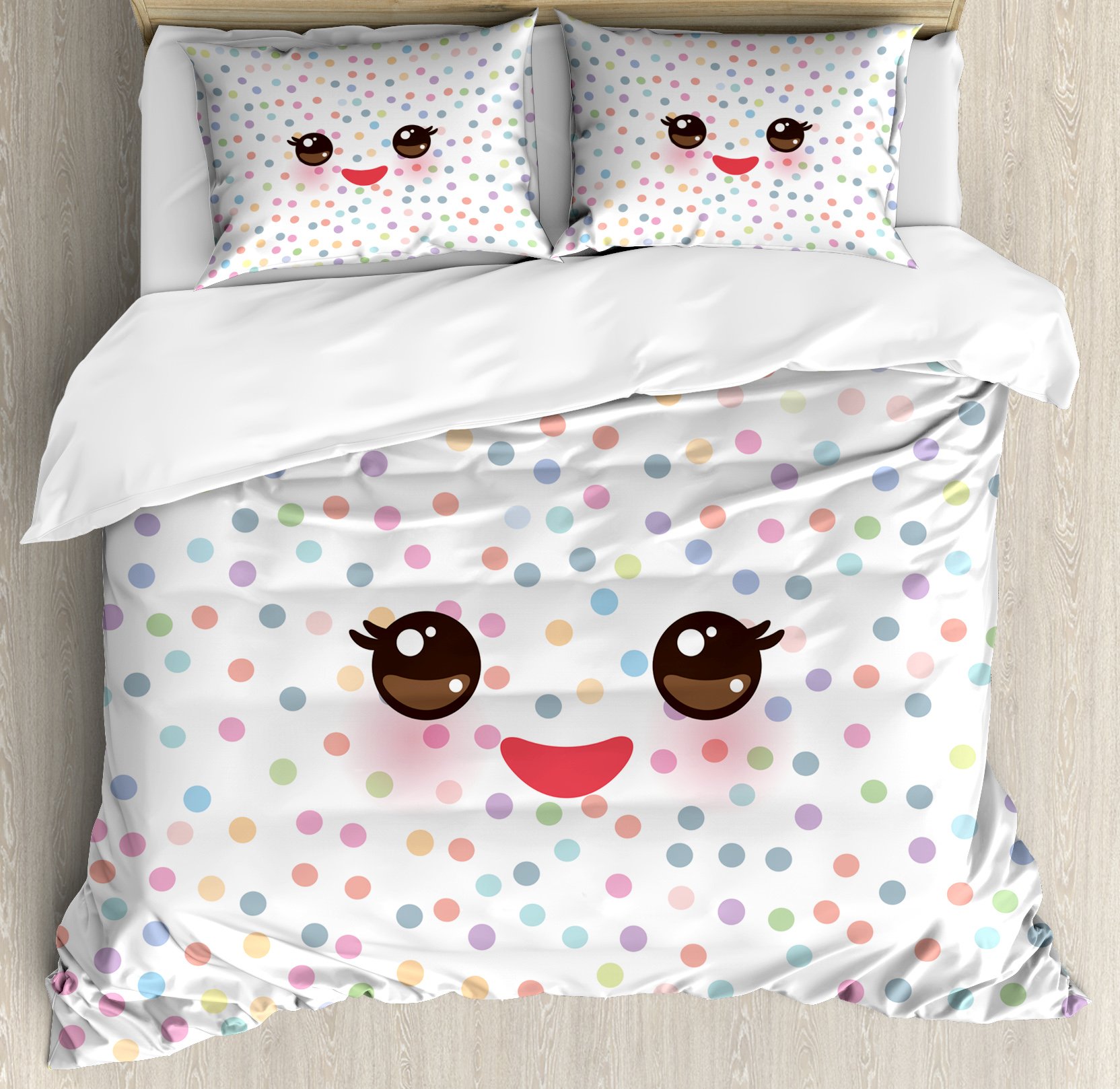 Ambesonne King Size 3-Piece Duvet Cover Set - Kawaii Funny Muzzle with Pink Cheeks & Eyes on Colorful Polka Dots - Includes Duvet Cover & 2 Pillow Shams - Soft Decorative Bedding for Teens & Adults - Perfect for Anime Lovers' Bedroom Decor