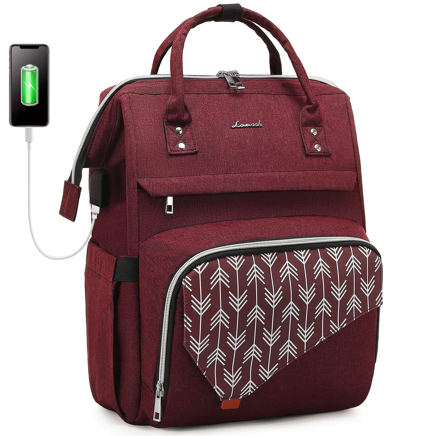 LOVEVOOK 15.6 Inch Laptop Backpack for Women - Waterproof Work School Travel Bag with USB Charging Port, Wine Red - Perfect for College, Office, Business Trip & Commuting