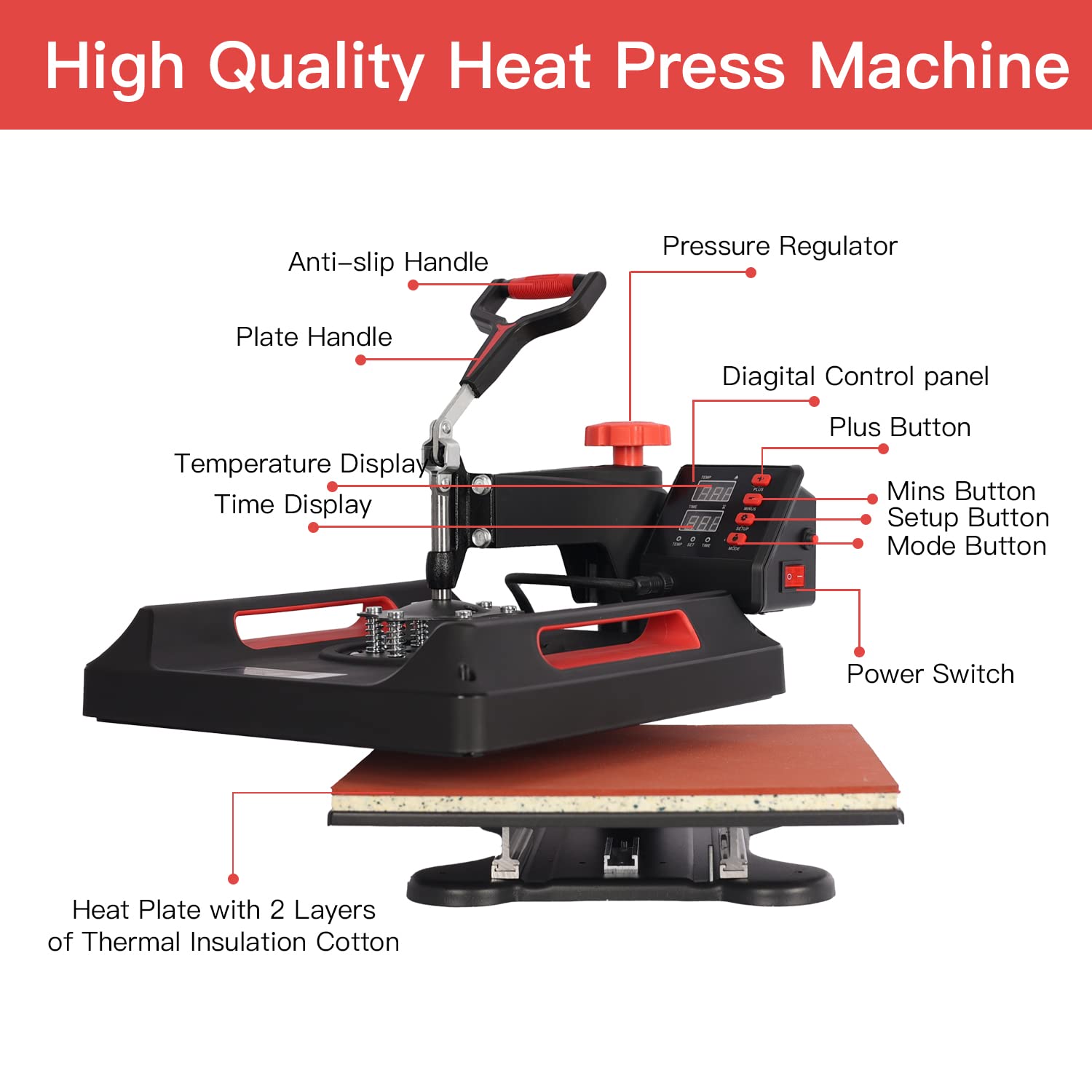 UKPRESS 8-in-1 Heat Press Machine 38x38cm with Digital Control - Sublimation Printing for T-Shirts, Mugs, Hats & More - 360° Swing Away Design (Red) | Perfect for DIY Crafts, Small Business & Custom Apparel Printing