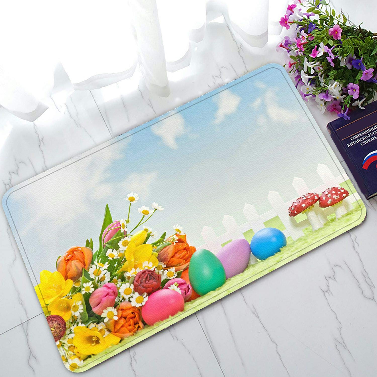Spring Flowers Easter Doormat - 30x18 Inch Artificial Landscape Entrance Rug, Non-Slip Floor Mat for Home Decor - Perfect for Easter Decorations, Front Door Welcome Mat, and Indoor/Outdoor Use