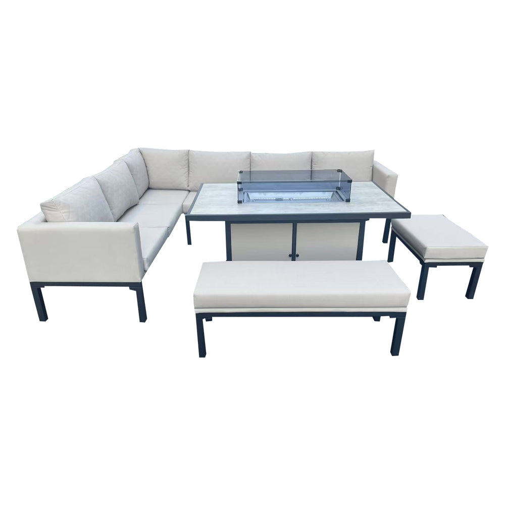 Malaga Beige L-Shaped Metal Patio Set with Rectangular Fire Pit Table - Outdoor Furniture for Garden, Backyard, and Poolside Relaxation