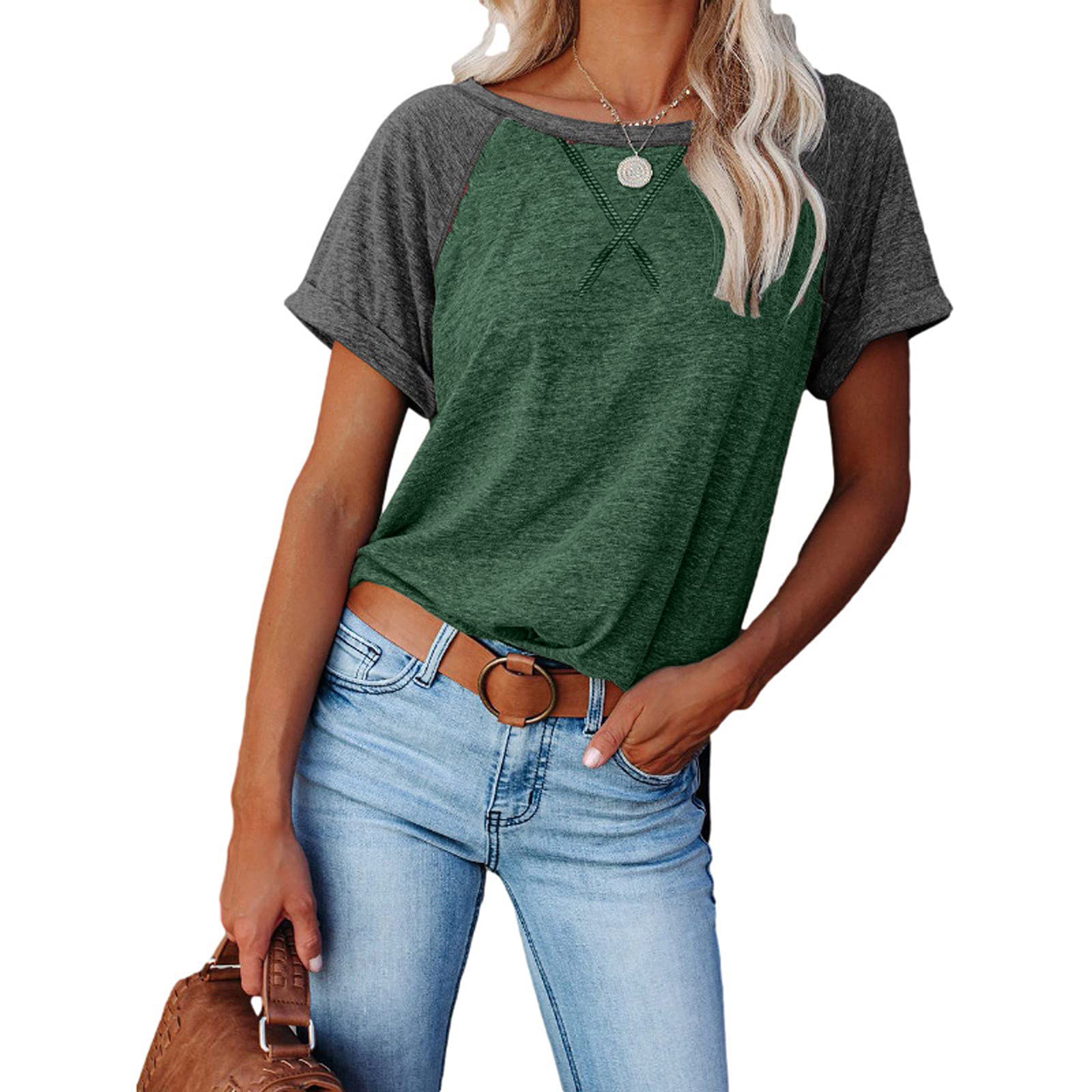 Vintage Color Block Short Sleeve T-Shirts for Women - Cute Summer Crewneck Casual Tops - Perfect for Beach Outings, Picnics & Everyday Wear