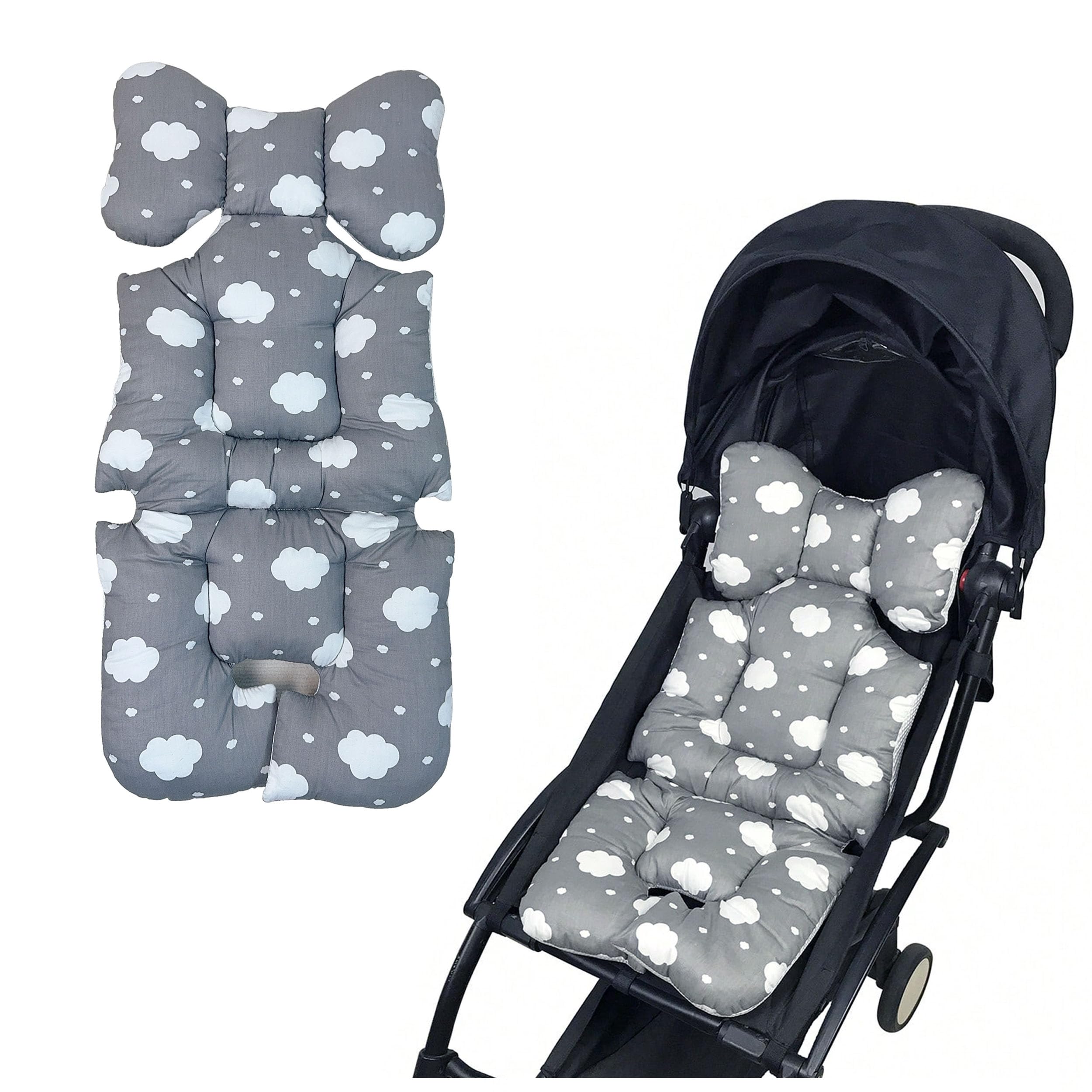 Soft & Breathable Universal Baby Stroller Seat Cushion - Cotton Mattress Pad & Car Seat Insert Liner for Boys & Girls - Fits Bassinet, Pram, Carriage - Includes Neck & Head Support - Grey Cloud - Perfect for Travel, Shopping & Daily Outings
