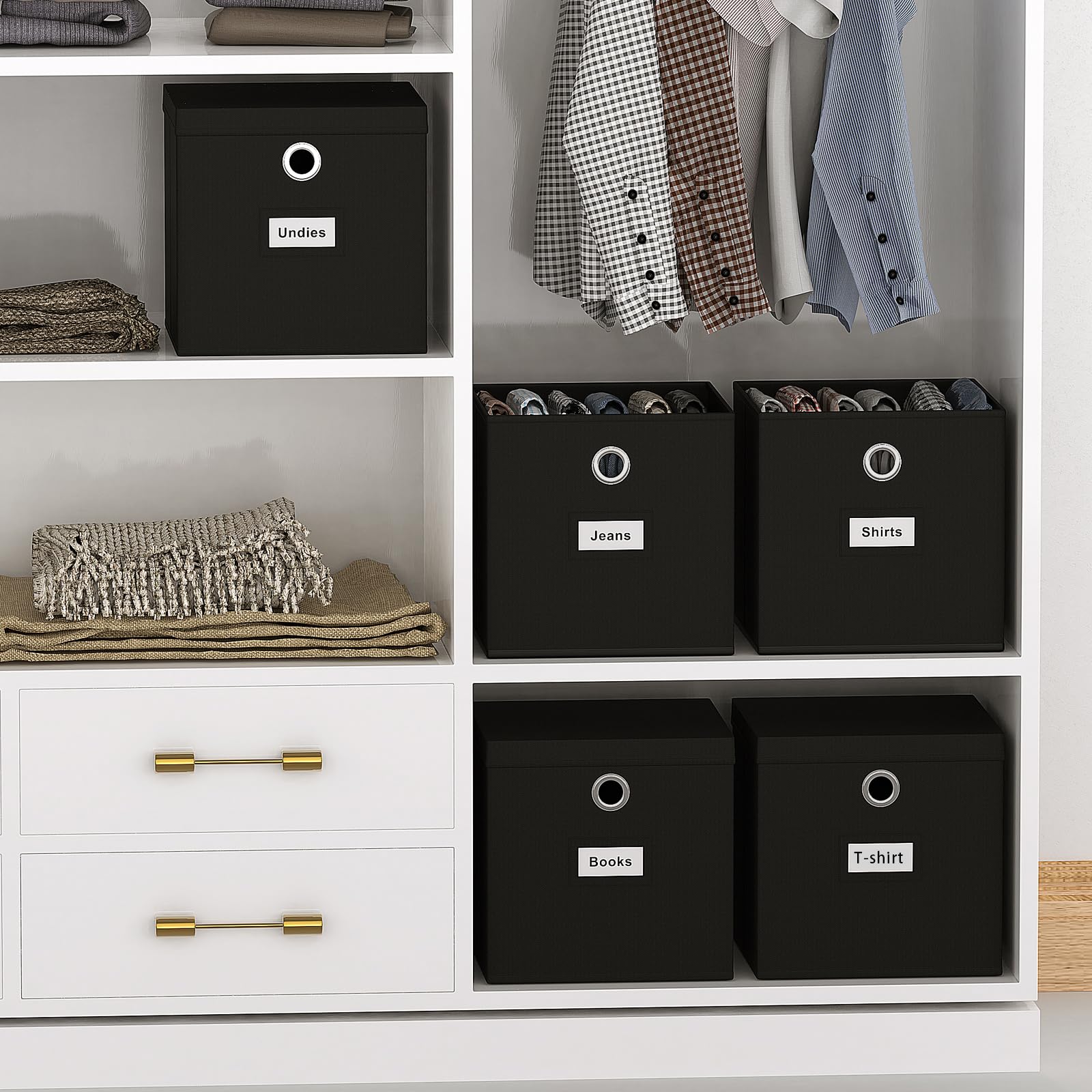 Pezin & Hulin 6-Pack Collapsible Fabric Storage Cubes with Lids - Foldable Closet Organizer Bins (11x11x11 Inches, Black) | Perfect for Bedroom, Nursery, Office & Travel Organization | Label Cards Included