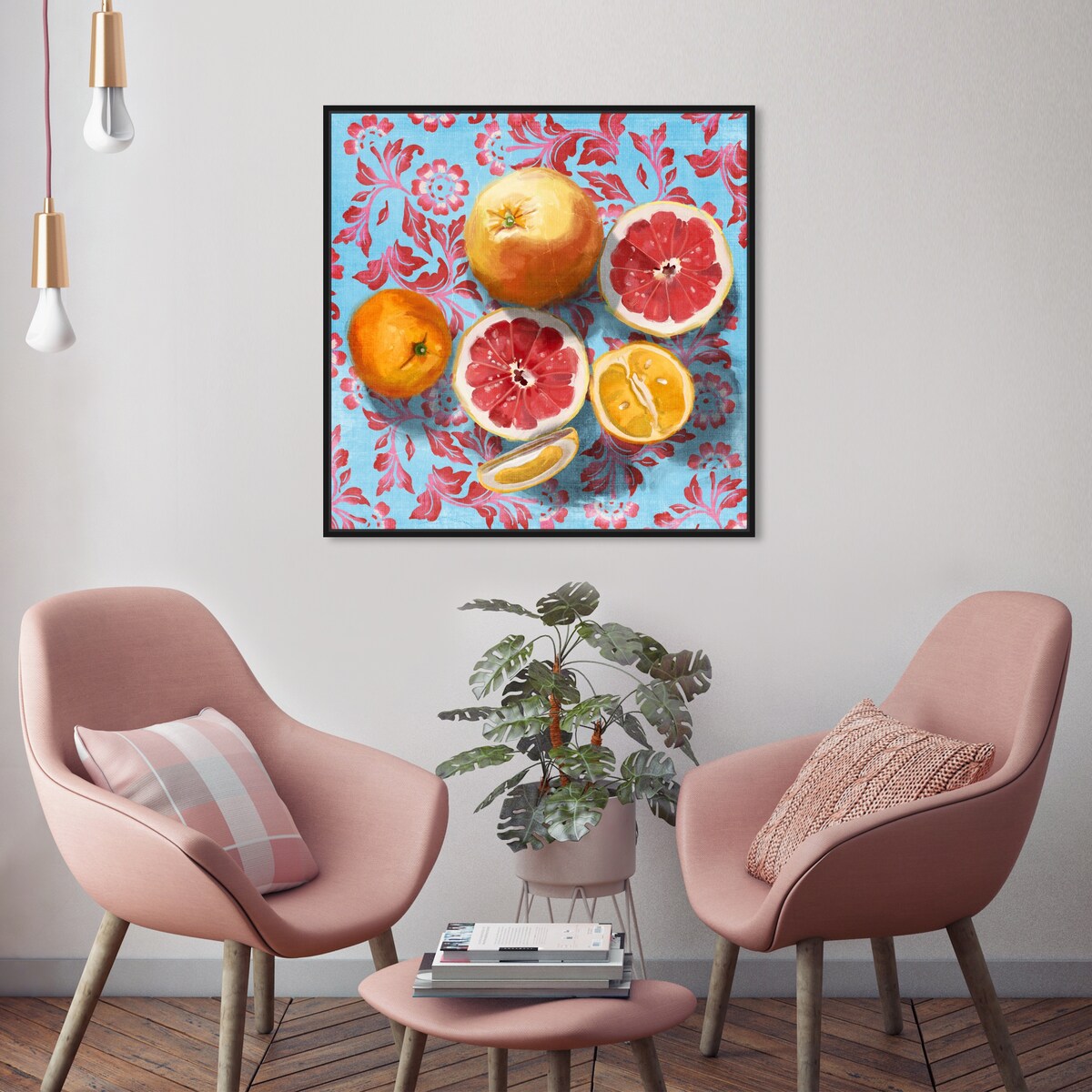 Tropical Citrus Still Life Blue Framed Canvas Wall Art Print - Kitchen Decor, Cabin & Lodge Decor - Perfect for Home, Office & Dining Room